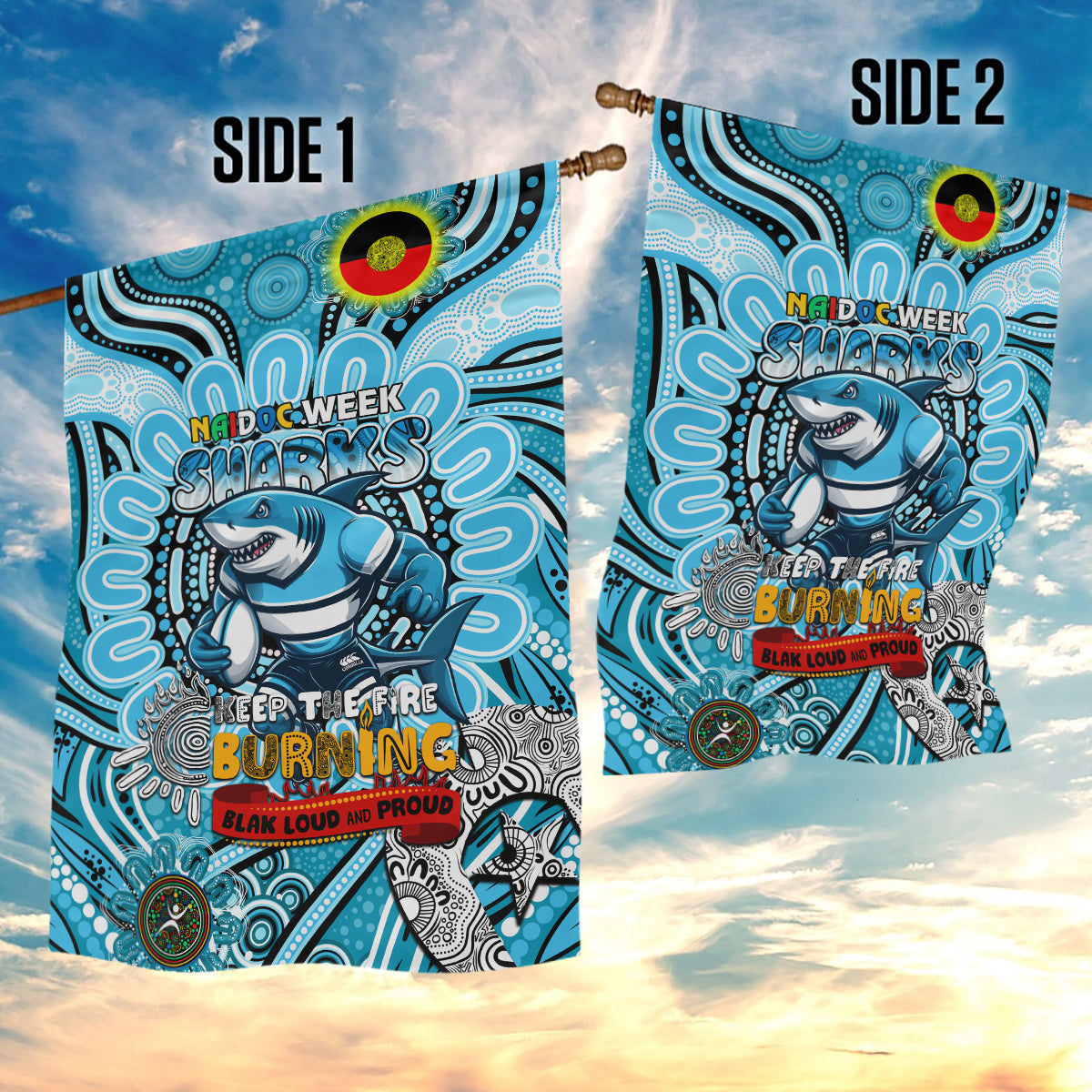 NAIDOC Week 2024 Sharks Garden Flag Mascot Rugby - Vibe Hoodie Shop