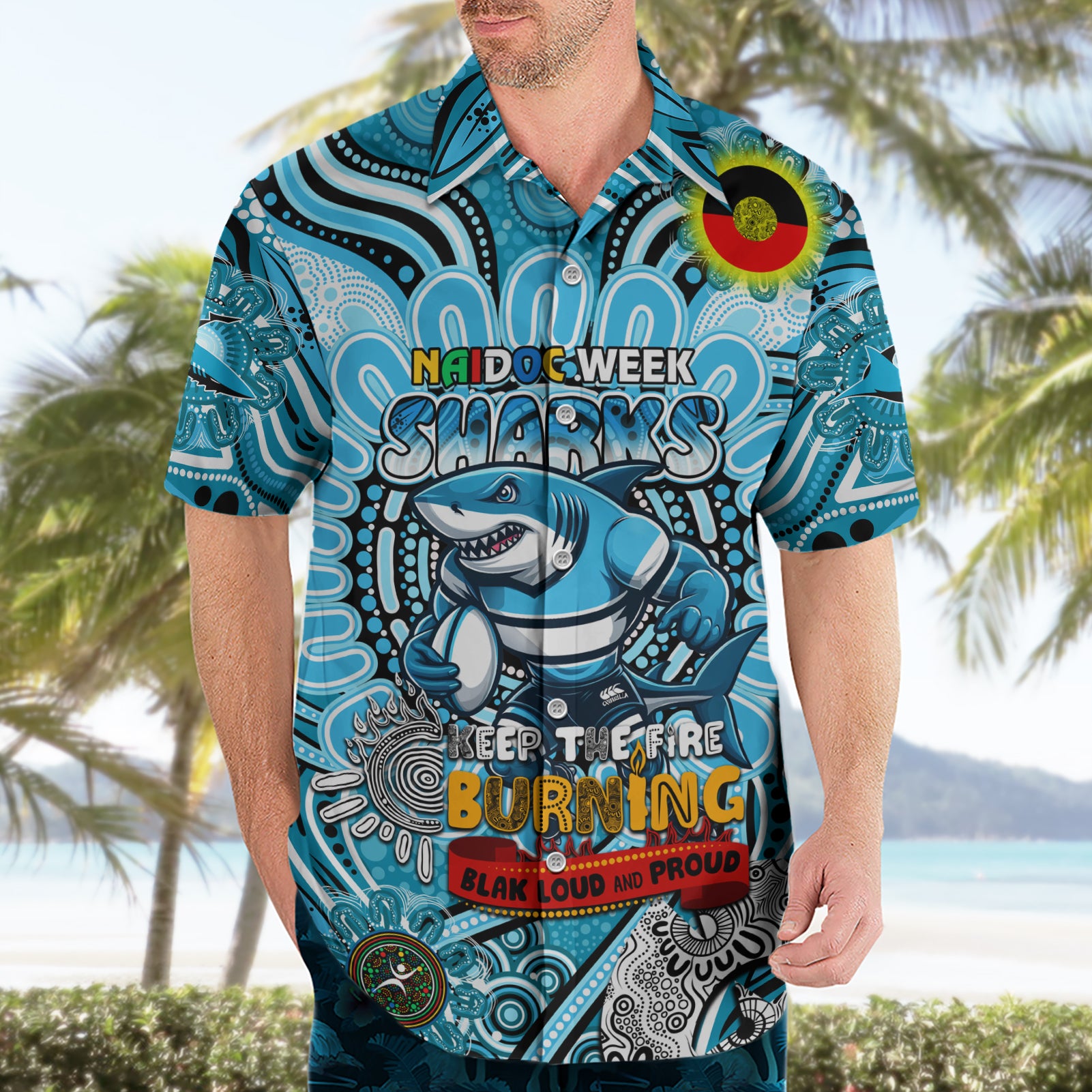 Custom NAIDOC Week 2024 Sharks Hawaiian Shirt Mascot Rugby - Vibe Hoodie Shop