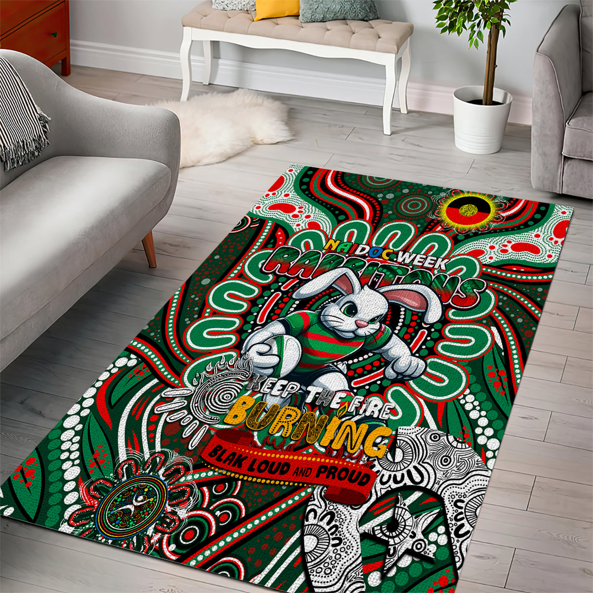 NAIDOC Week 2024 Rabbitohs Area Rug Mascot Rugby - Vibe Hoodie Shop