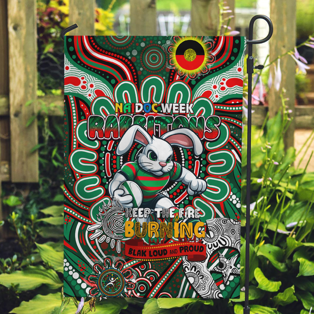 NAIDOC Week 2024 Rabbitohs Garden Flag Mascot Rugby - Vibe Hoodie Shop