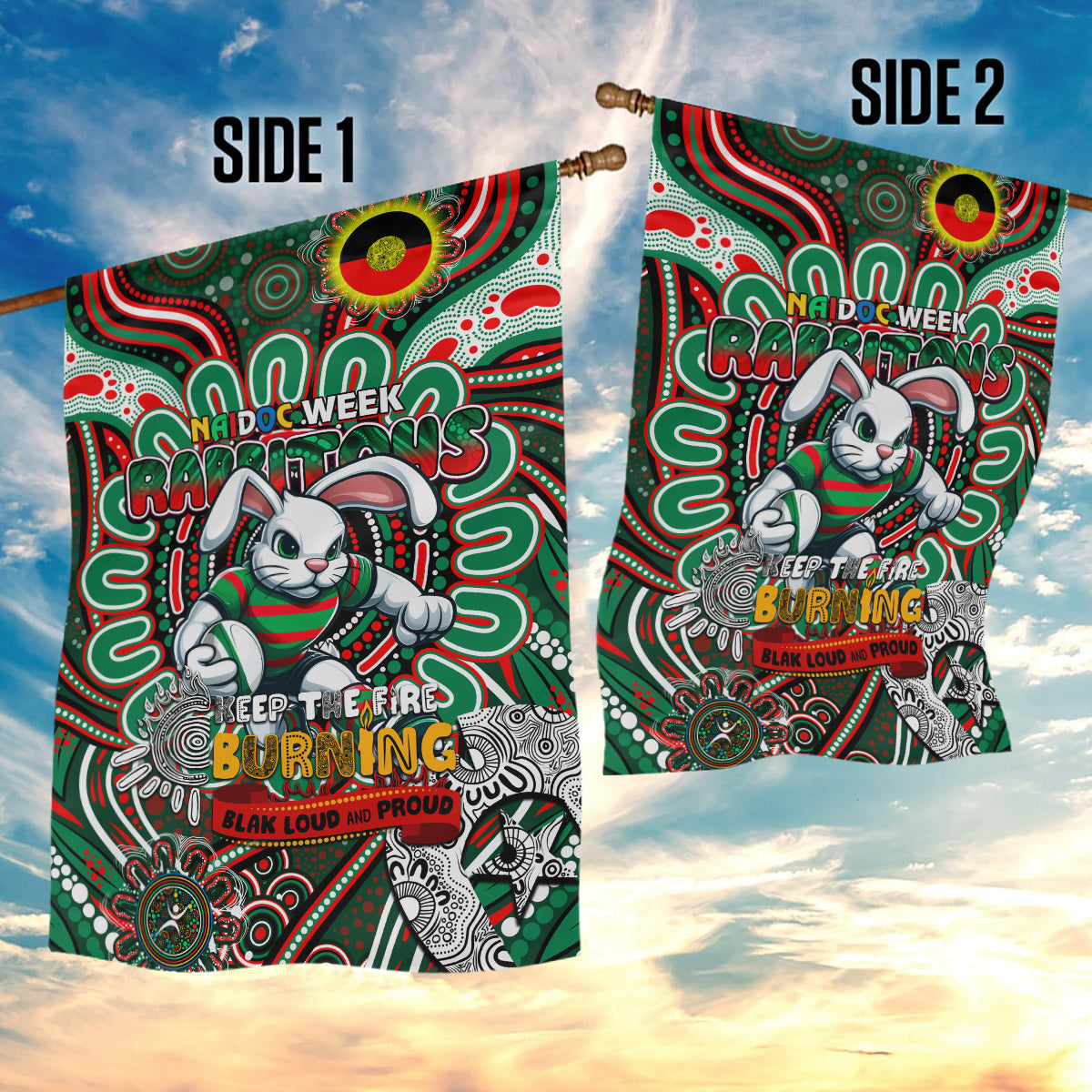 NAIDOC Week 2024 Rabbitohs Garden Flag Mascot Rugby - Vibe Hoodie Shop