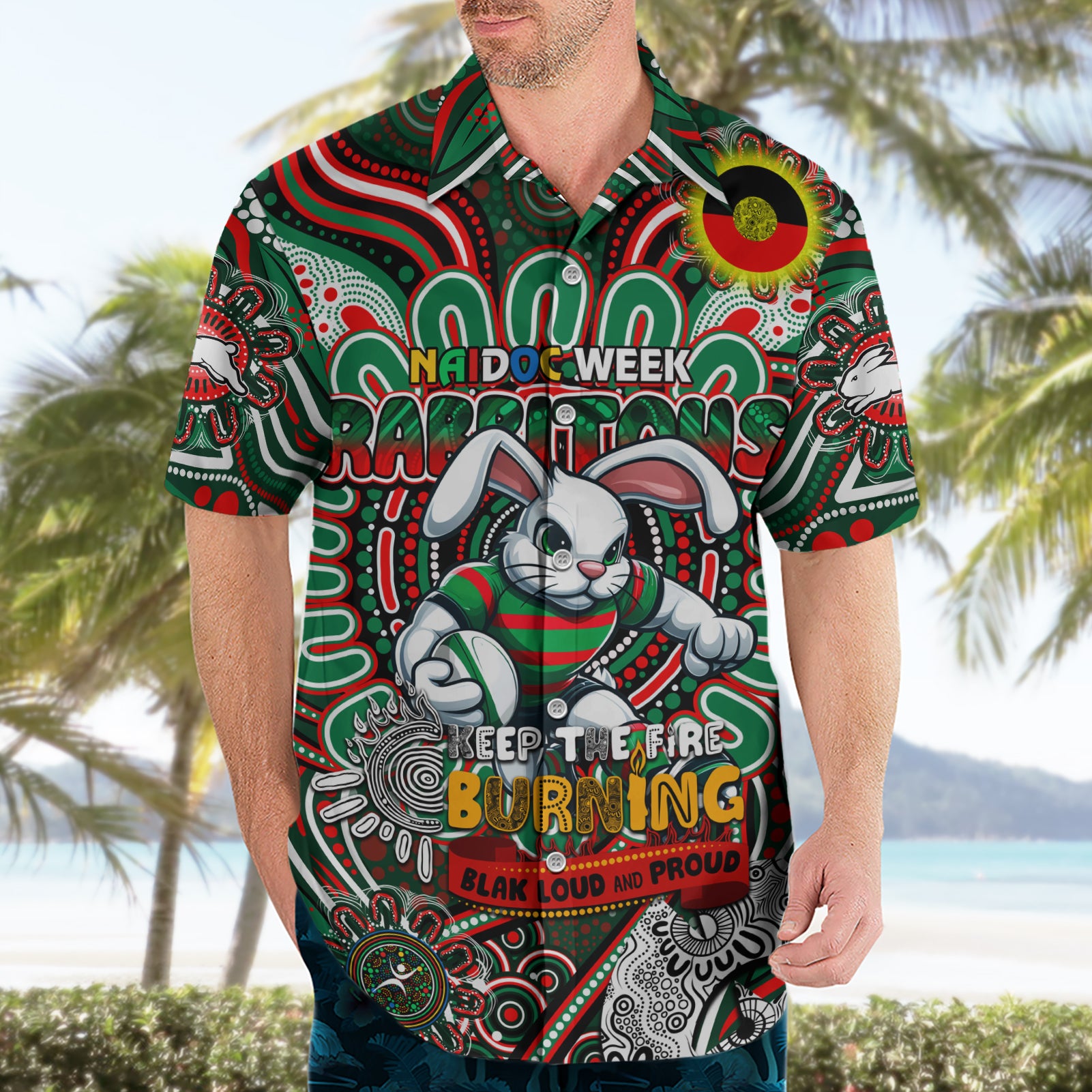 Custom NAIDOC Week 2024 Rabbitohs Hawaiian Shirt Mascot Rugby - Vibe Hoodie Shop