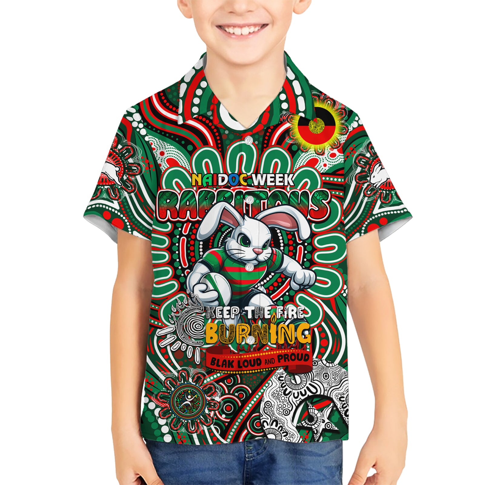 Custom NAIDOC Week 2024 Rabbitohs Hawaiian Shirt Mascot Rugby - Vibe Hoodie Shop