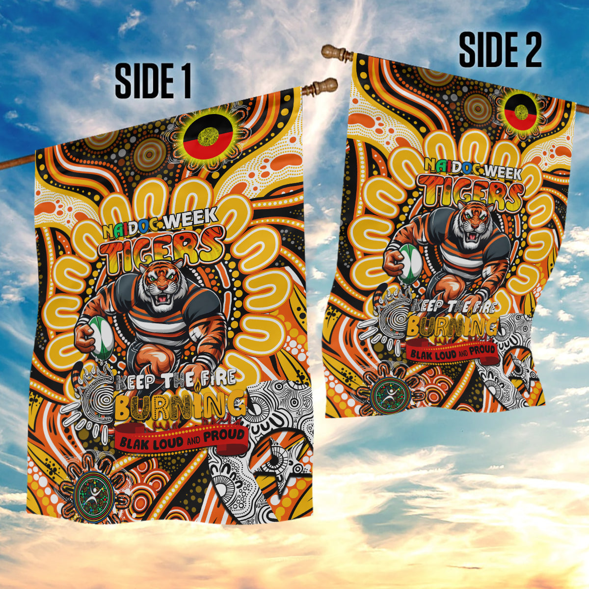 NAIDOC Week 2024 Tigers Garden Flag Mascot Rugby - Vibe Hoodie Shop