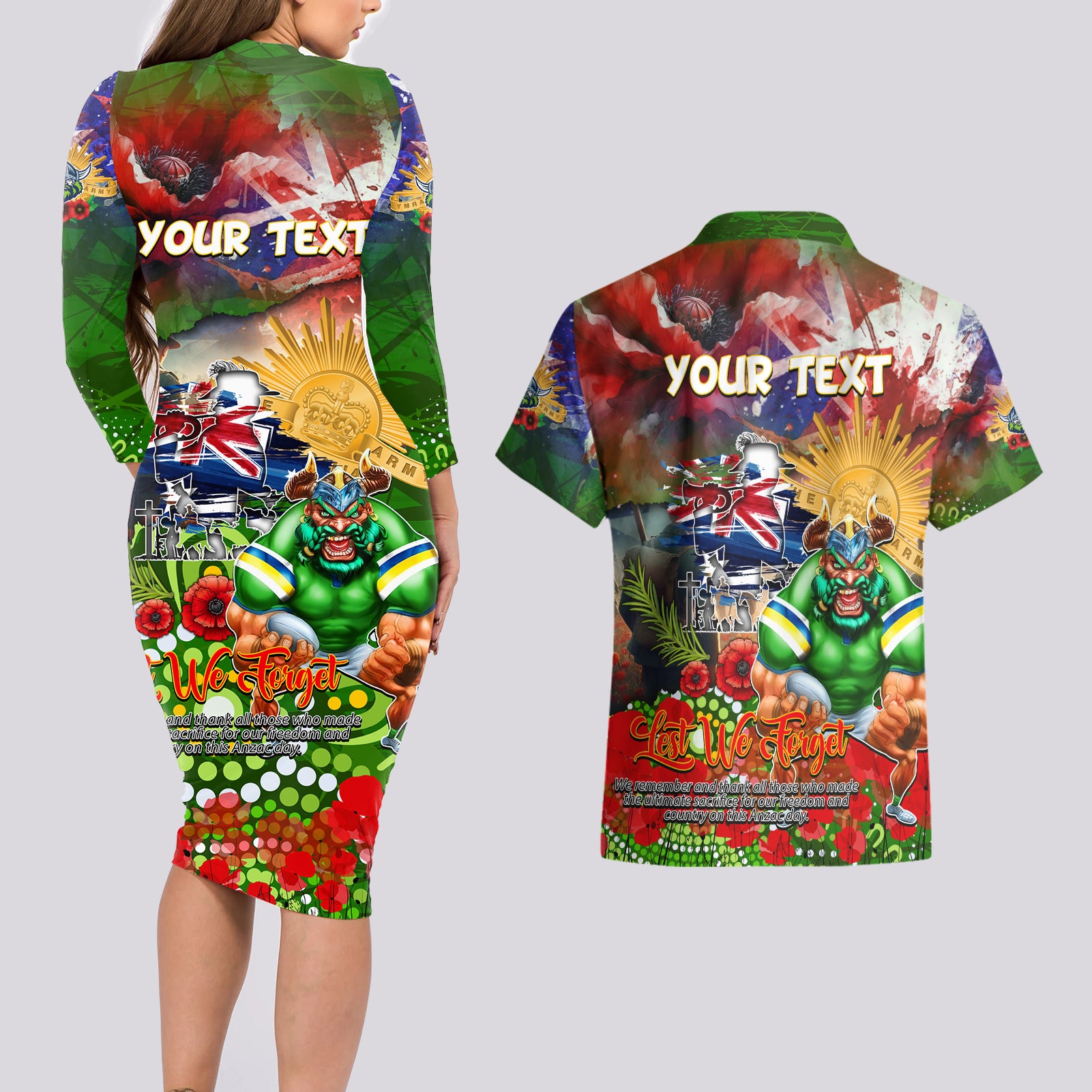 Personalised Australia Rugby Raiders ANZAC Couples Matching Long Sleeve Bodycon Dress and Hawaiian Shirt Canberra Scratch Style DT02