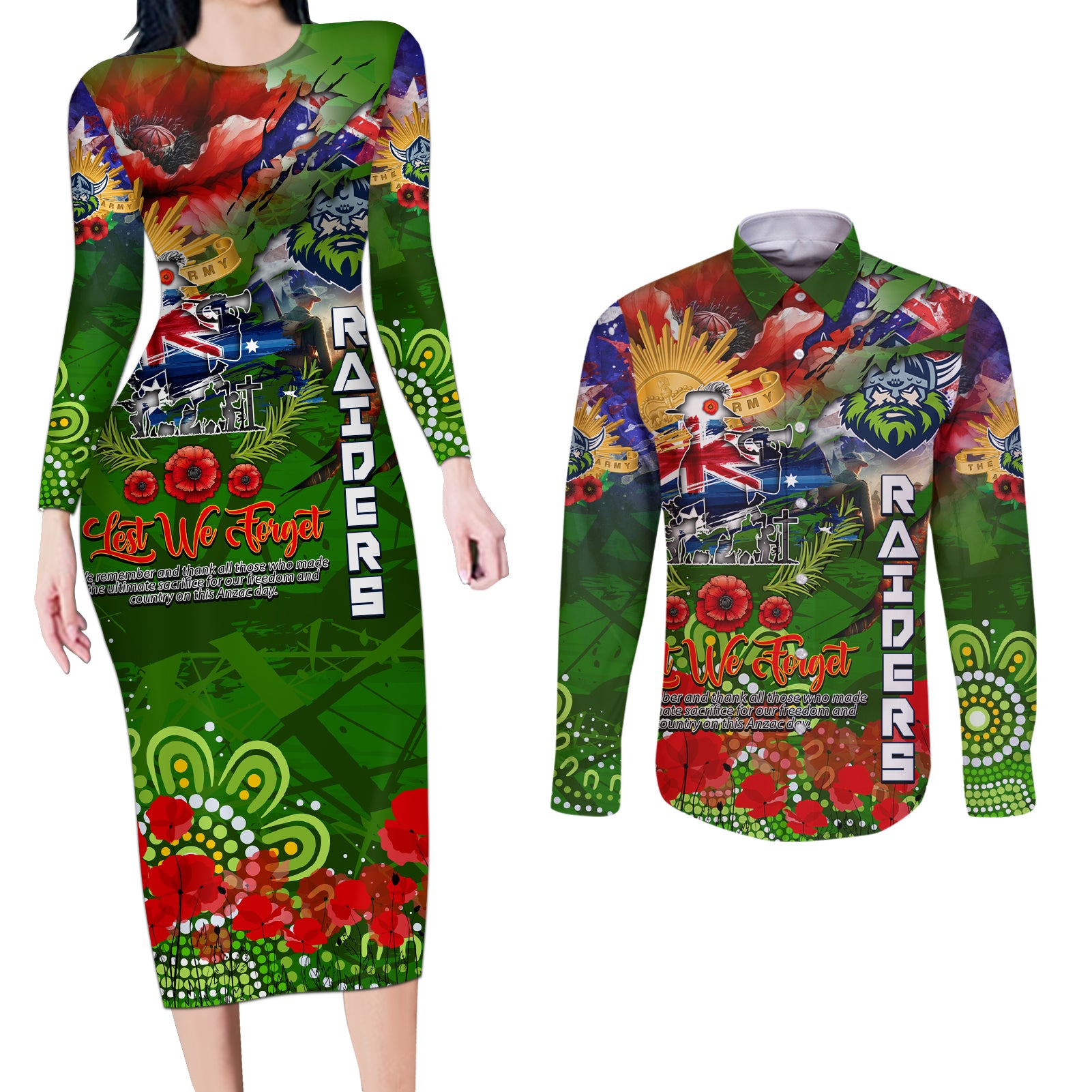 Personalised Australia Rugby Raiders ANZAC Couples Matching Long Sleeve Bodycon Dress and Long Sleeve Button Shirt Canberra Scratch Style DT02