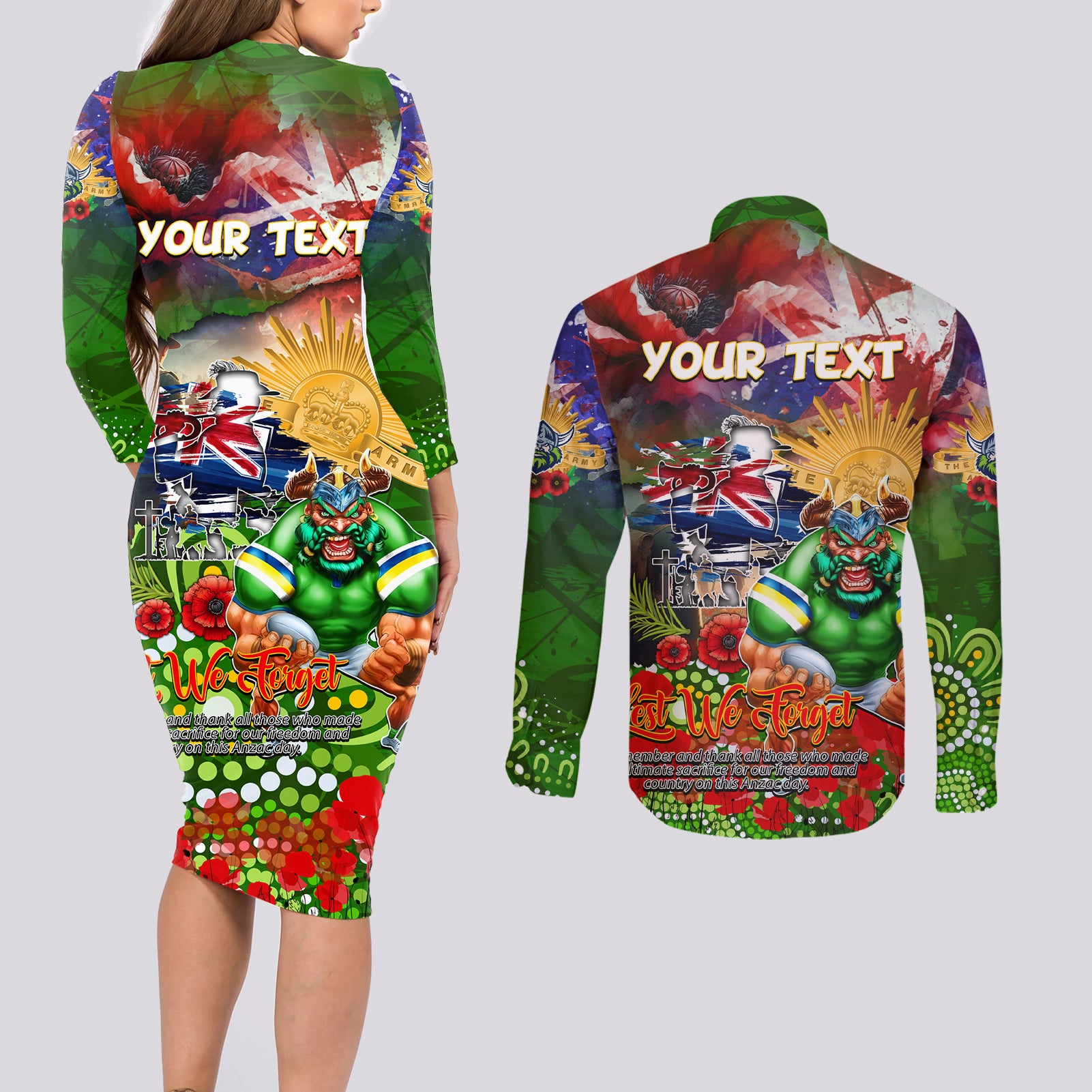 Personalised Australia Rugby Raiders ANZAC Couples Matching Long Sleeve Bodycon Dress and Long Sleeve Button Shirt Canberra Scratch Style DT02