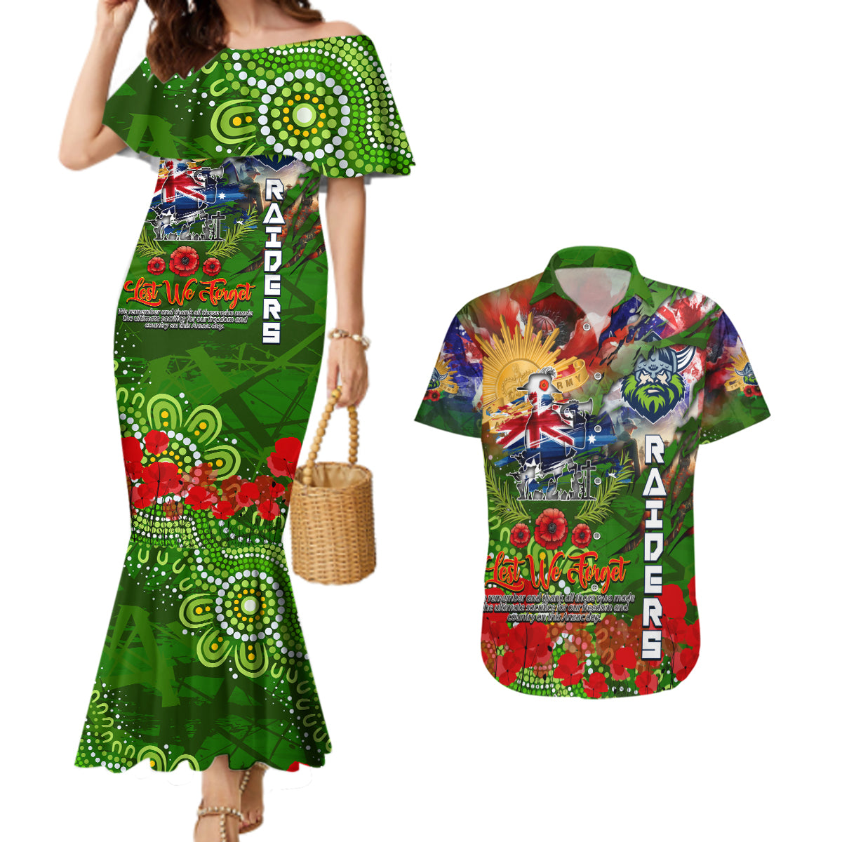 Personalised Australia Rugby Raiders ANZAC Couples Matching Mermaid Dress and Hawaiian Shirt Canberra Scratch Style DT02