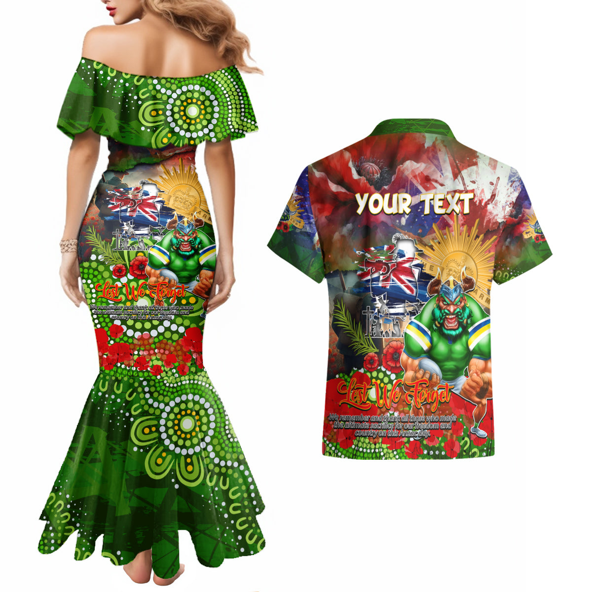 Personalised Australia Rugby Raiders ANZAC Couples Matching Mermaid Dress and Hawaiian Shirt Canberra Scratch Style DT02