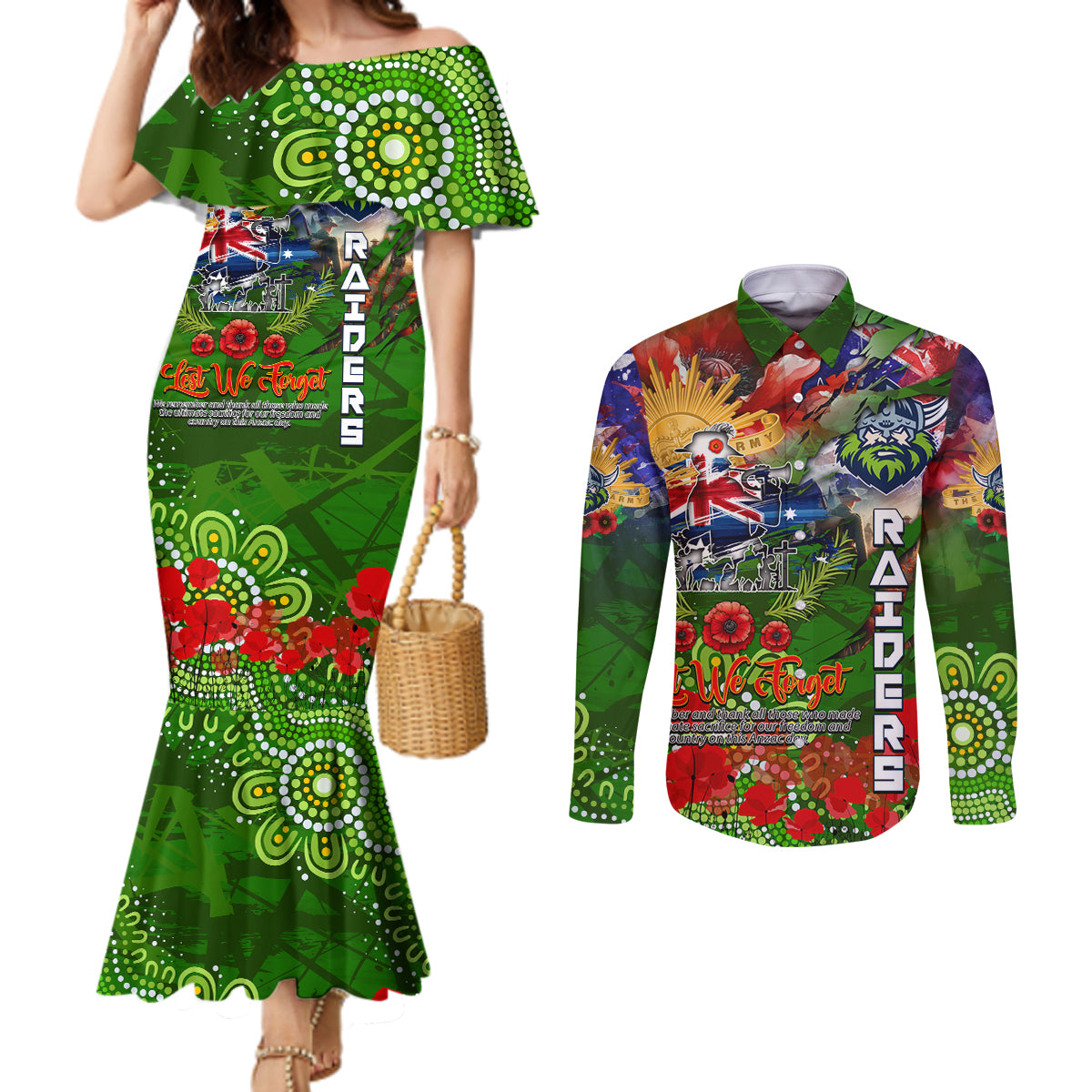 Personalised Australia Rugby Raiders ANZAC Couples Matching Mermaid Dress and Long Sleeve Button Shirt Canberra Scratch Style DT02