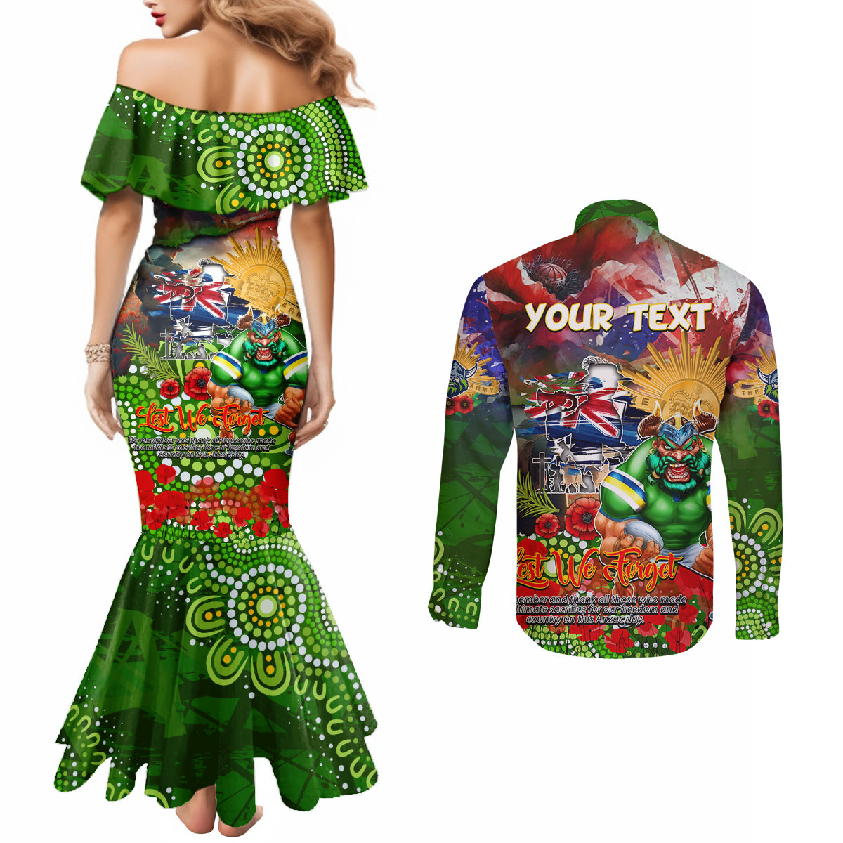 Personalised Australia Rugby Raiders ANZAC Couples Matching Mermaid Dress and Long Sleeve Button Shirt Canberra Scratch Style DT02