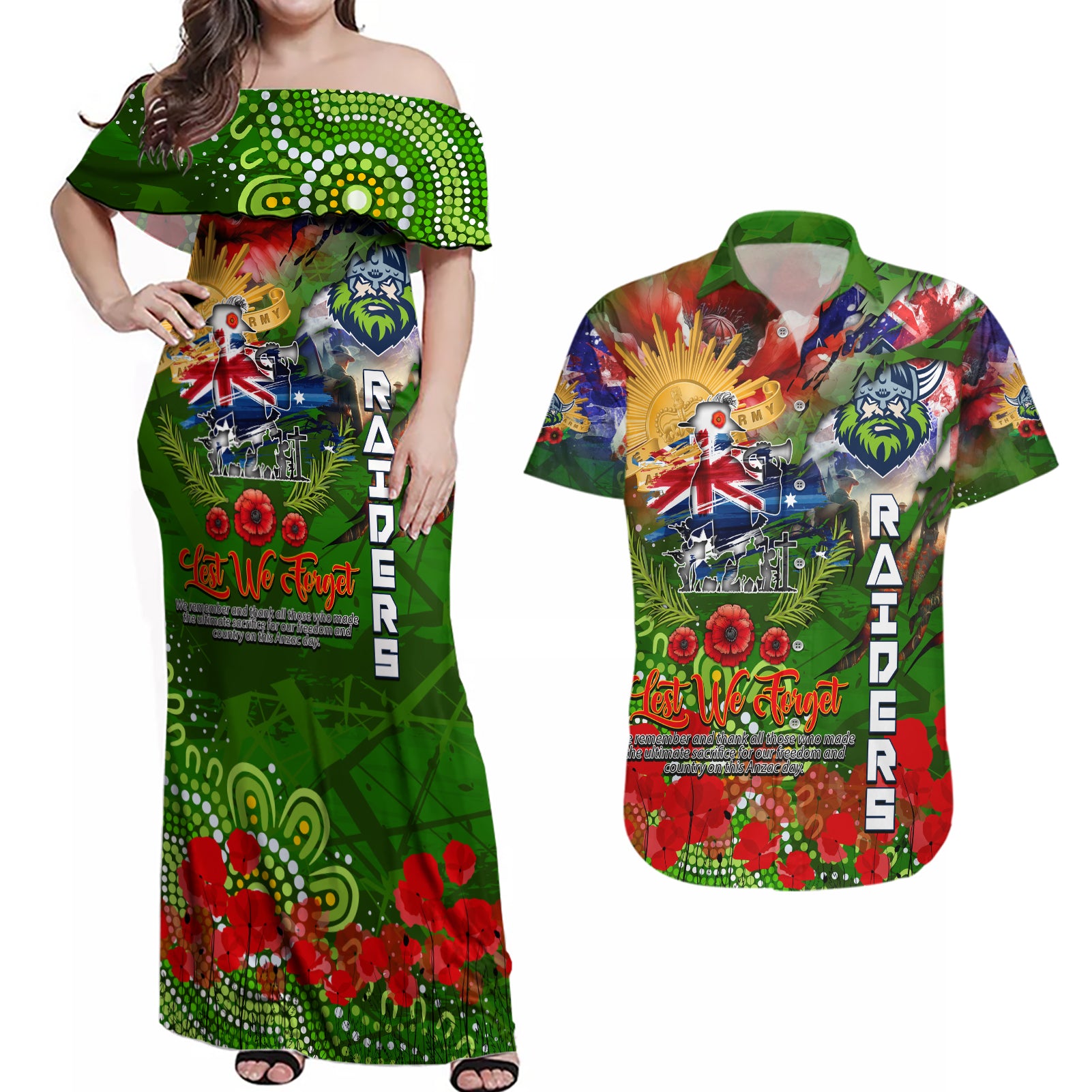 Personalised Australia Rugby Raiders ANZAC Couples Matching Off Shoulder Maxi Dress and Hawaiian Shirt Canberra Scratch Style DT02