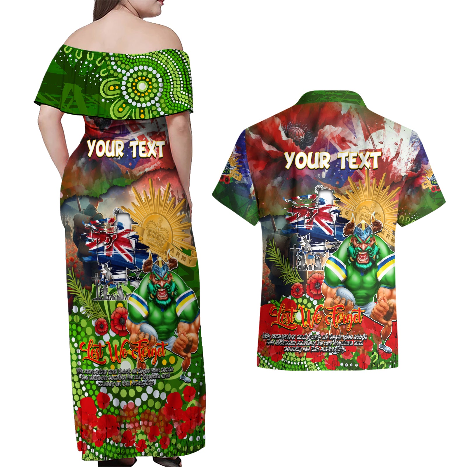 Personalised Australia Rugby Raiders ANZAC Couples Matching Off Shoulder Maxi Dress and Hawaiian Shirt Canberra Scratch Style DT02
