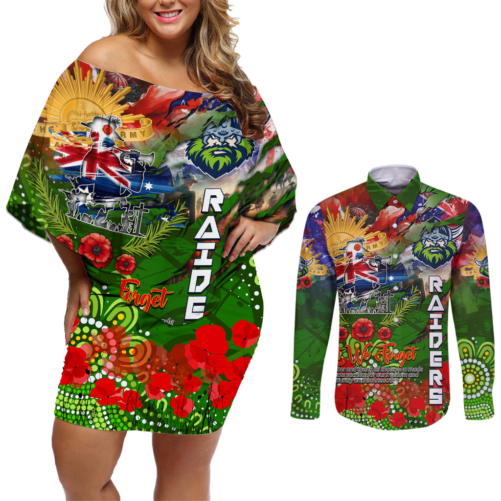 Personalised Australia Rugby Raiders ANZAC Couples Matching Off Shoulder Short Dress and Long Sleeve Button Shirt Canberra Scratch Style DT02