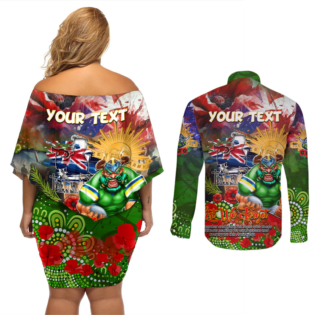 Personalised Australia Rugby Raiders ANZAC Couples Matching Off Shoulder Short Dress and Long Sleeve Button Shirt Canberra Scratch Style DT02