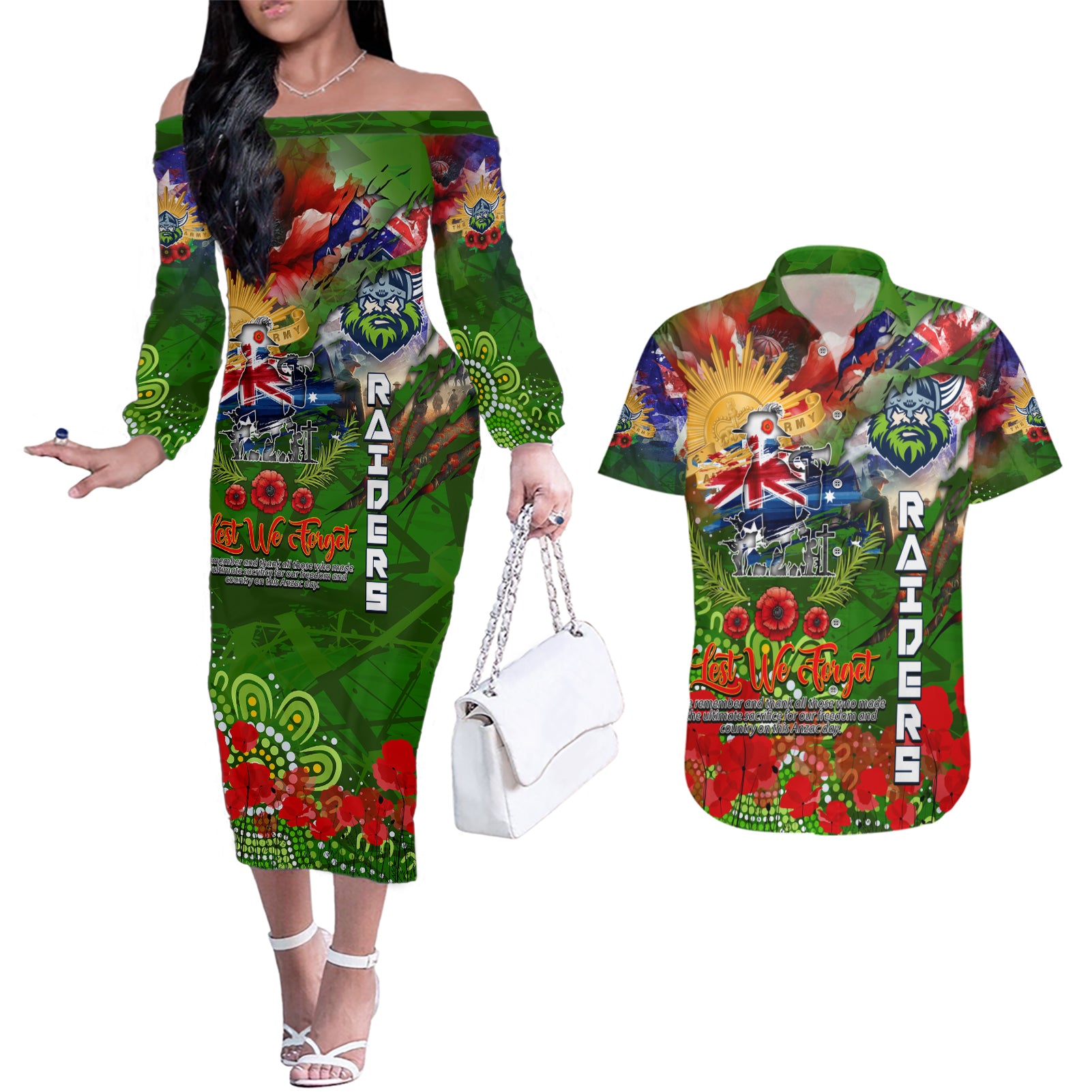 Personalised Australia Rugby Raiders ANZAC Couples Matching Off The Shoulder Long Sleeve Dress and Hawaiian Shirt Canberra Scratch Style DT02