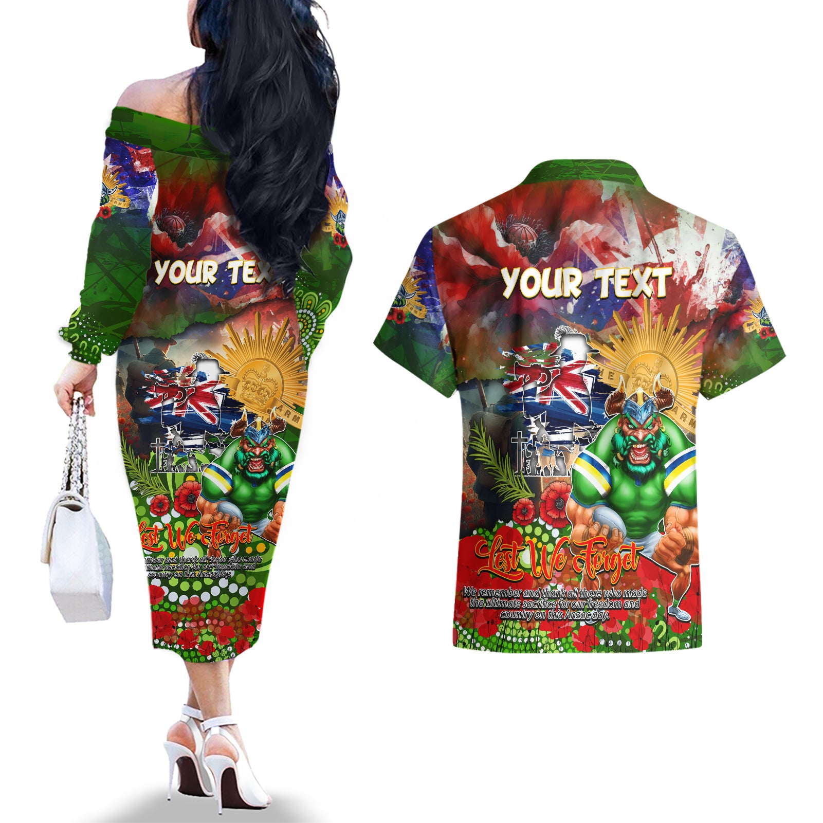 Personalised Australia Rugby Raiders ANZAC Couples Matching Off The Shoulder Long Sleeve Dress and Hawaiian Shirt Canberra Scratch Style DT02