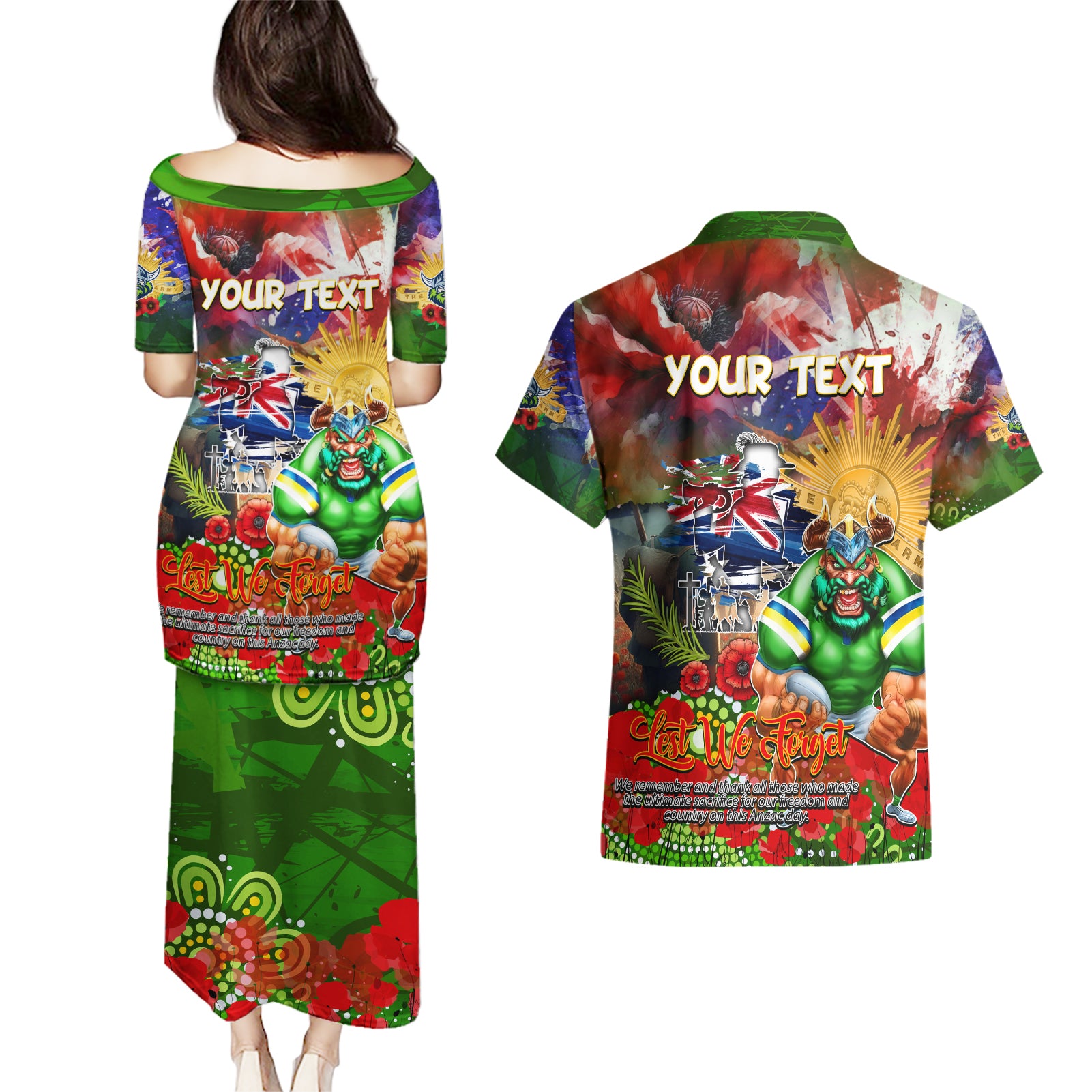 Personalised Australia Rugby Raiders ANZAC Couples Matching Puletasi and Hawaiian Shirt Canberra Scratch Style DT02