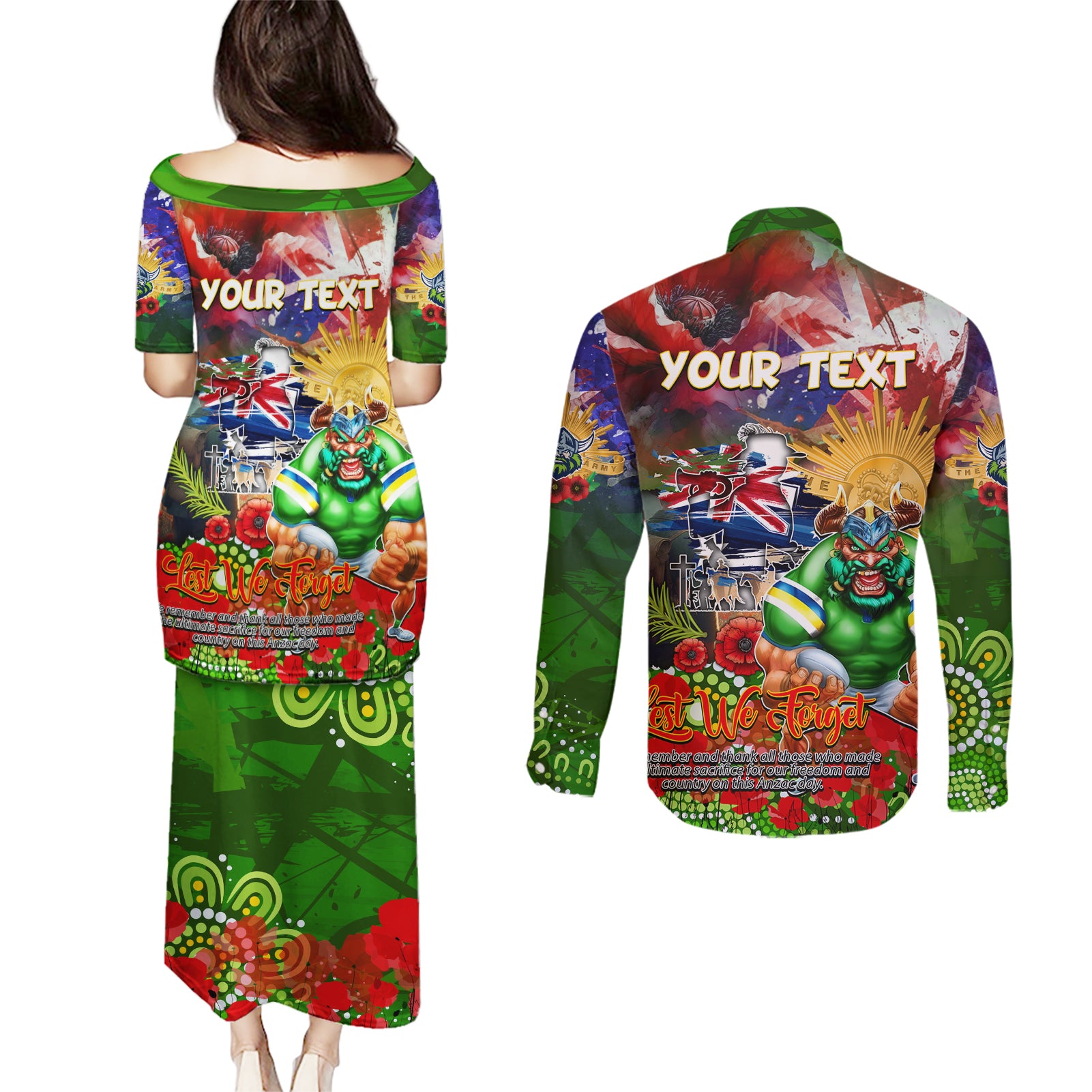 Personalised Australia Rugby Raiders ANZAC Couples Matching Puletasi and Long Sleeve Button Shirt Canberra Scratch Style DT02