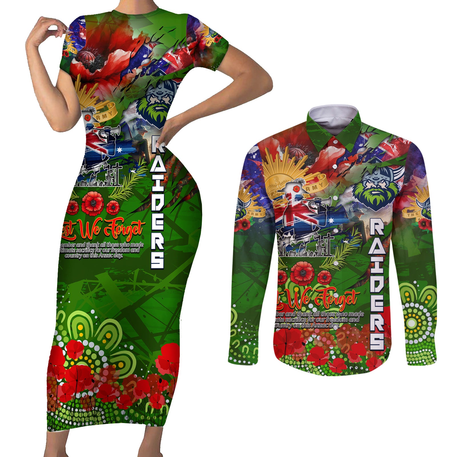 Personalised Australia Rugby Raiders ANZAC Couples Matching Short Sleeve Bodycon Dress and Long Sleeve Button Shirt Canberra Scratch Style DT02