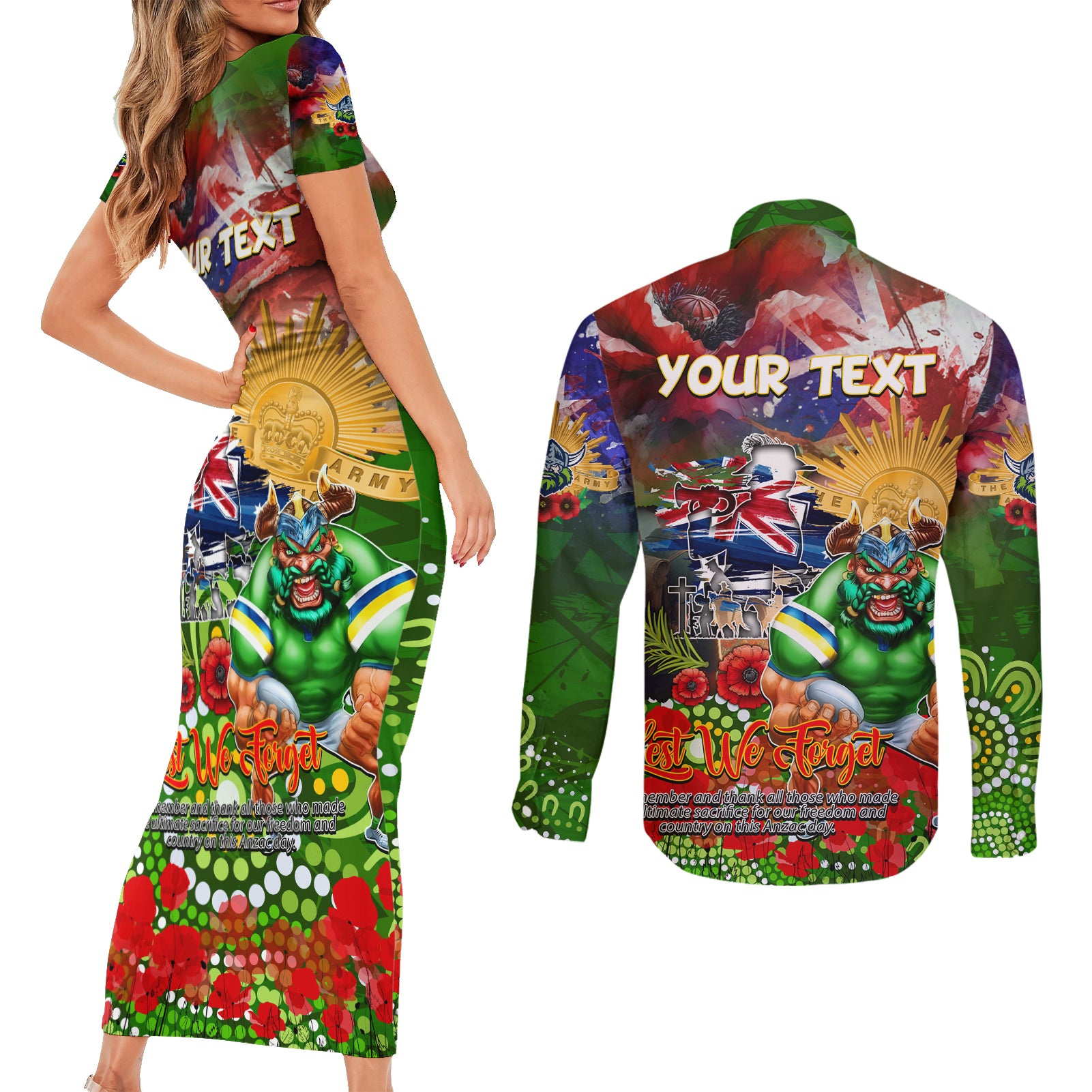 Personalised Australia Rugby Raiders ANZAC Couples Matching Short Sleeve Bodycon Dress and Long Sleeve Button Shirt Canberra Scratch Style DT02