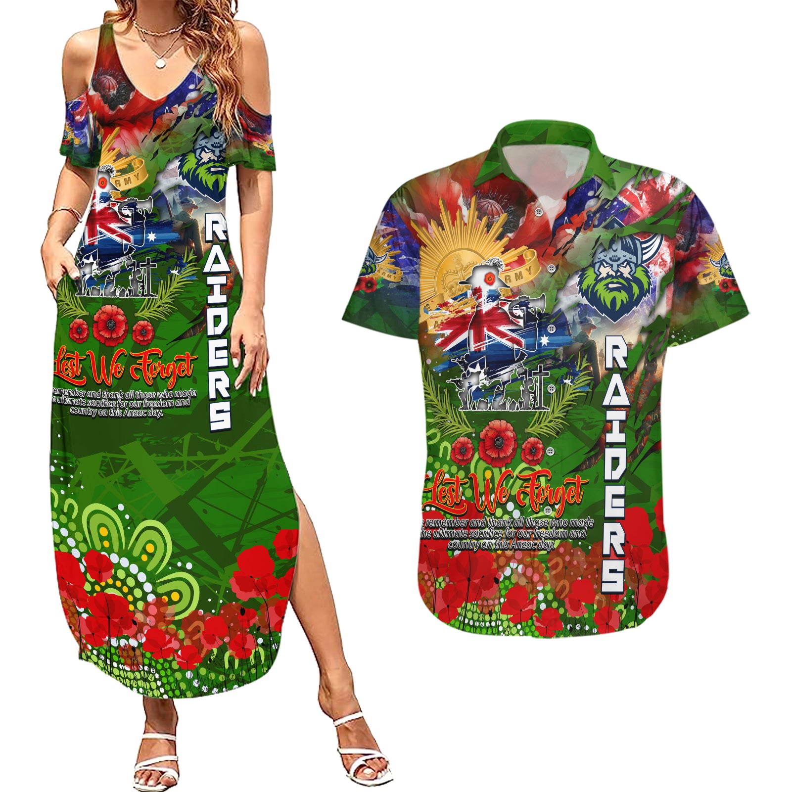 Personalised Australia Rugby Raiders ANZAC Couples Matching Summer Maxi Dress and Hawaiian Shirt Canberra Scratch Style DT02
