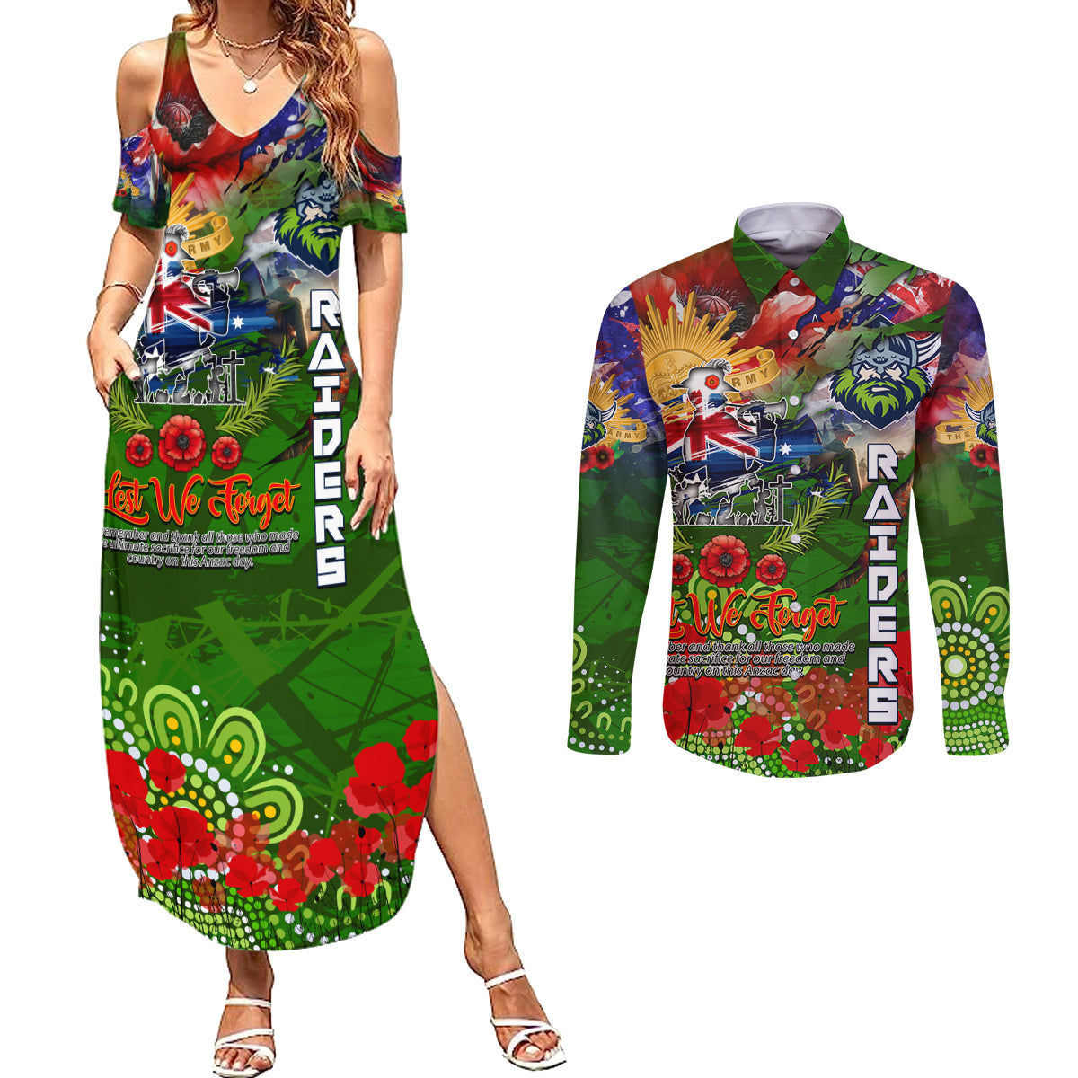 Personalised Australia Rugby Raiders ANZAC Couples Matching Summer Maxi Dress and Long Sleeve Button Shirt Canberra Scratch Style DT02