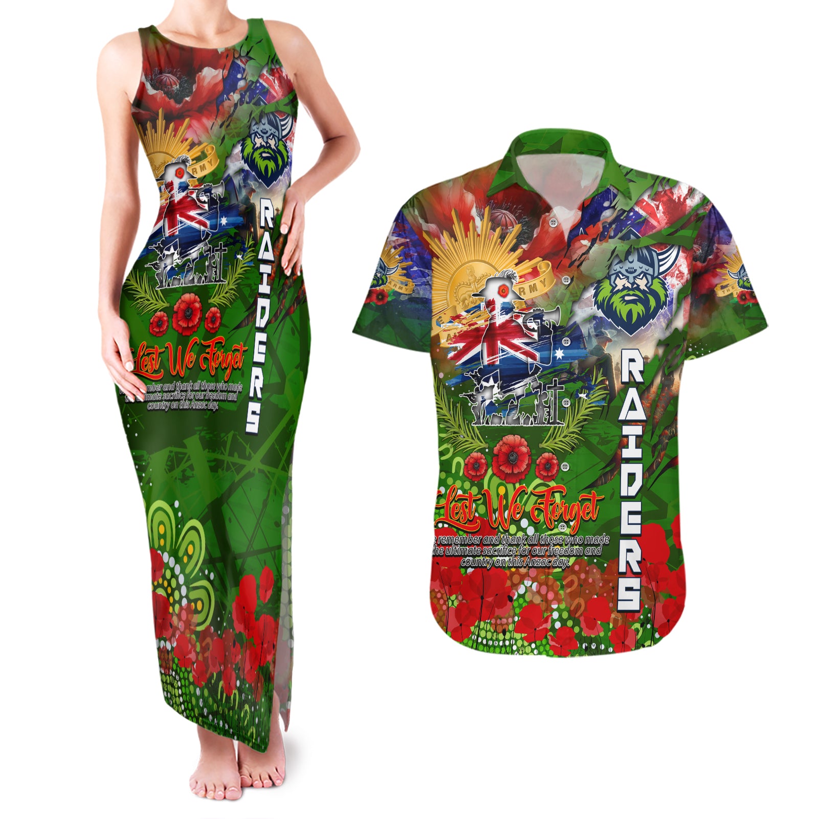 Personalised Australia Rugby Raiders ANZAC Couples Matching Tank Maxi Dress and Hawaiian Shirt Canberra Scratch Style DT02