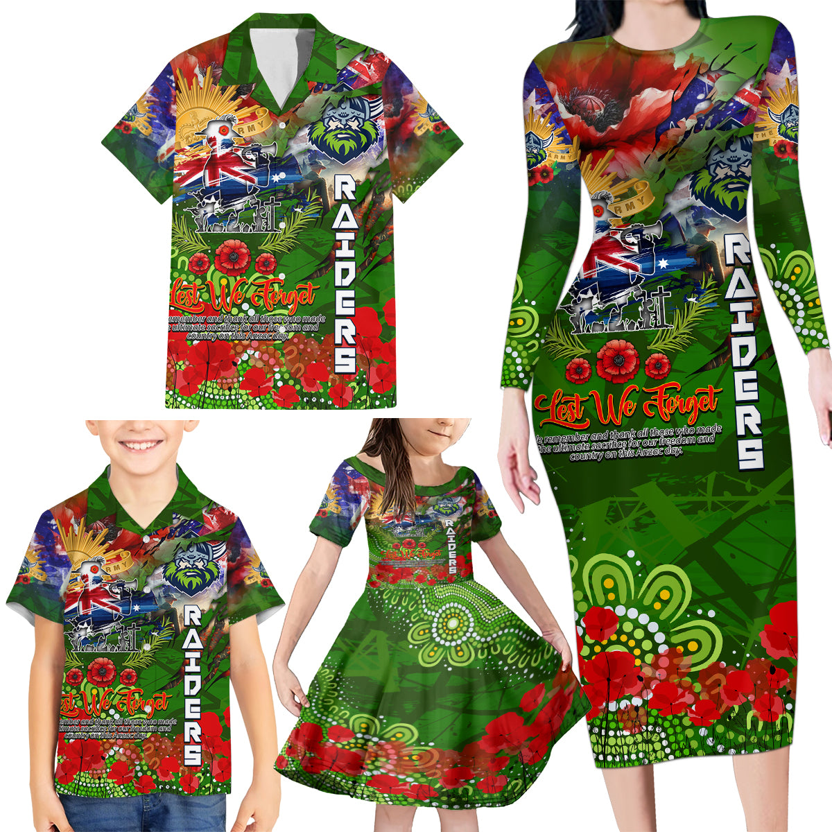 Personalised Australia Rugby Raiders ANZAC Family Matching Long Sleeve Bodycon Dress and Hawaiian Shirt Canberra Scratch Style DT02
