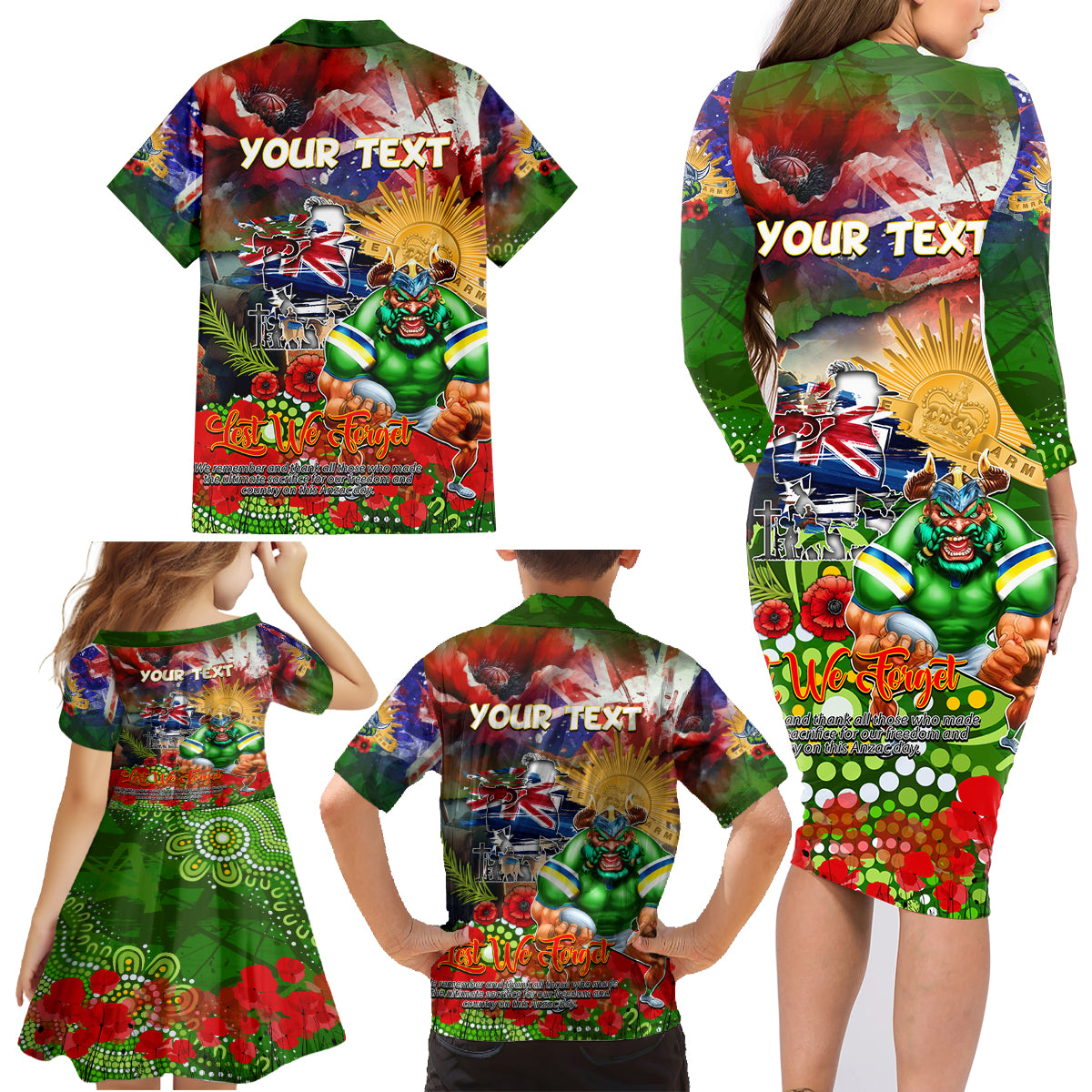 Personalised Australia Rugby Raiders ANZAC Family Matching Long Sleeve Bodycon Dress and Hawaiian Shirt Canberra Scratch Style DT02