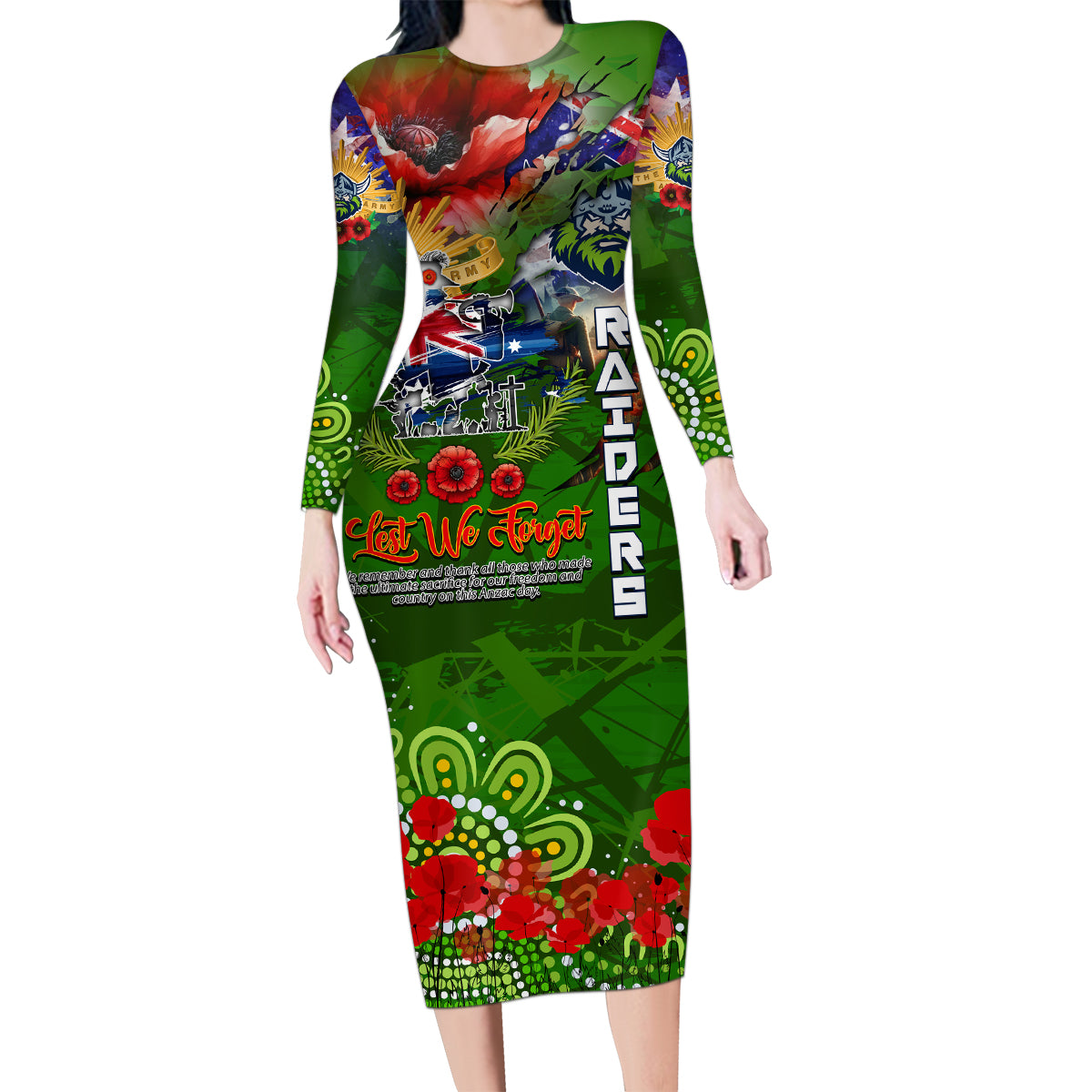 Personalised Australia Rugby Raiders ANZAC Family Matching Long Sleeve Bodycon Dress and Hawaiian Shirt Canberra Scratch Style DT02