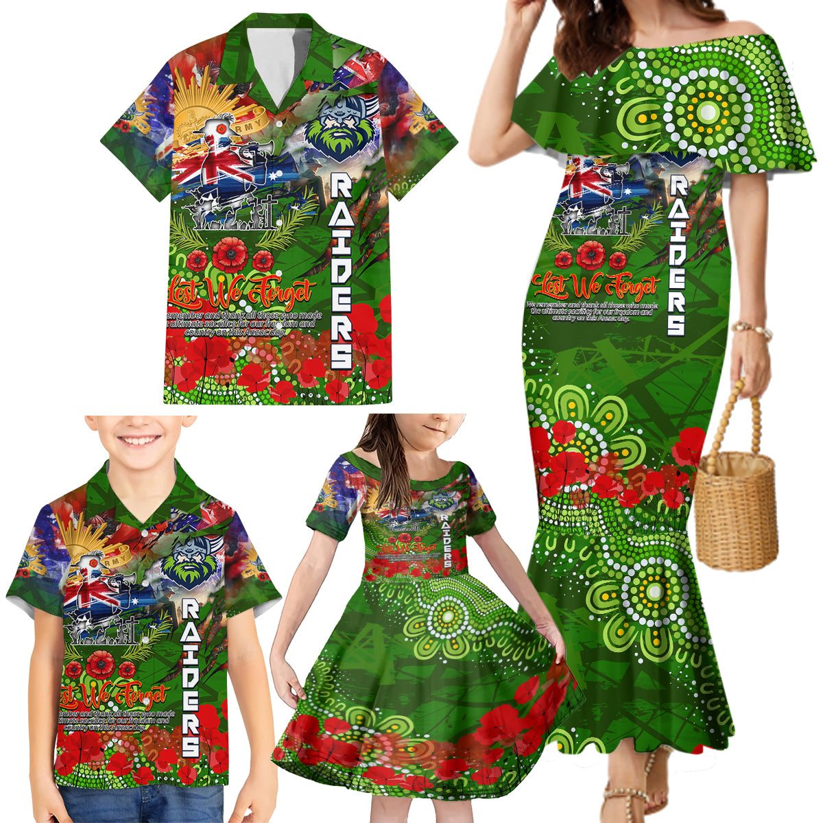 Personalised Australia Rugby Raiders ANZAC Family Matching Mermaid Dress and Hawaiian Shirt Canberra Scratch Style DT02