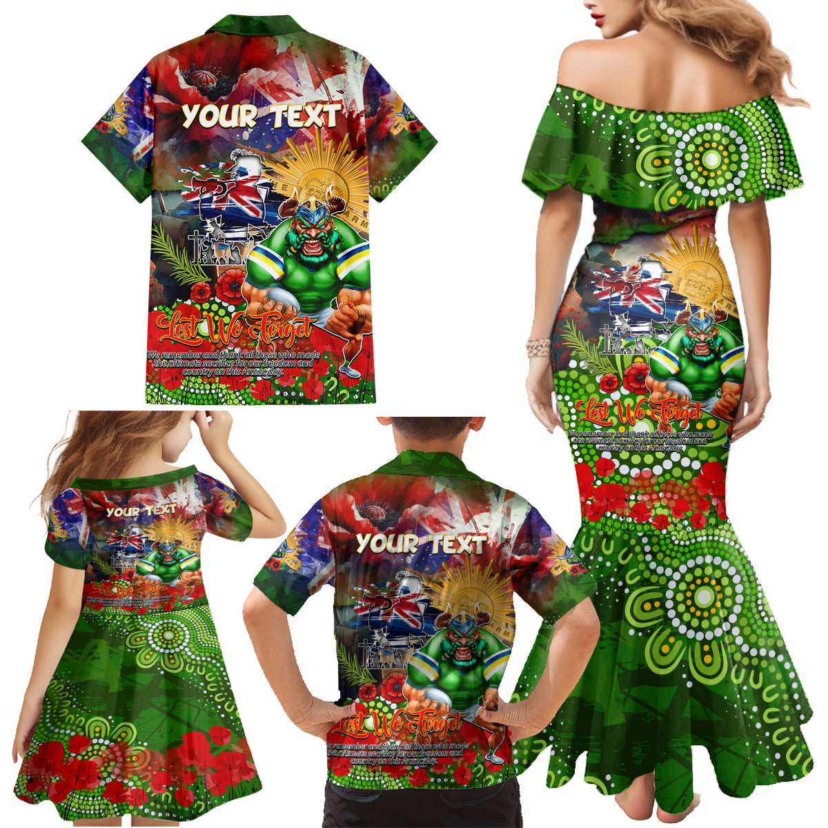Personalised Australia Rugby Raiders ANZAC Family Matching Mermaid Dress and Hawaiian Shirt Canberra Scratch Style DT02