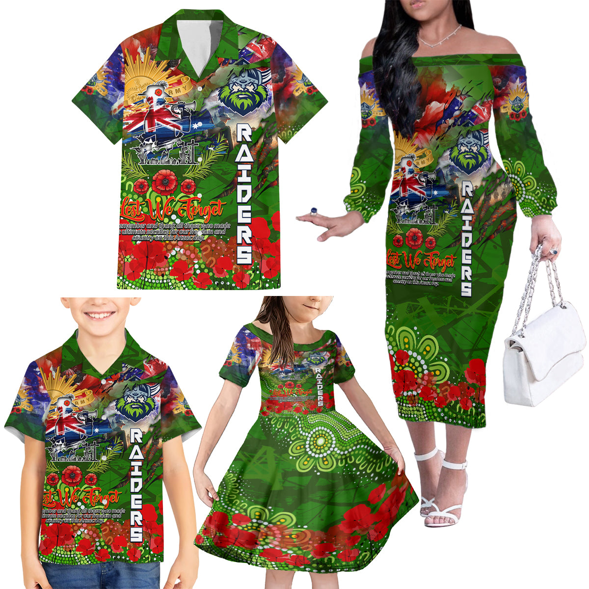 Personalised Australia Rugby Raiders ANZAC Family Matching Off The Shoulder Long Sleeve Dress and Hawaiian Shirt Canberra Scratch Style DT02