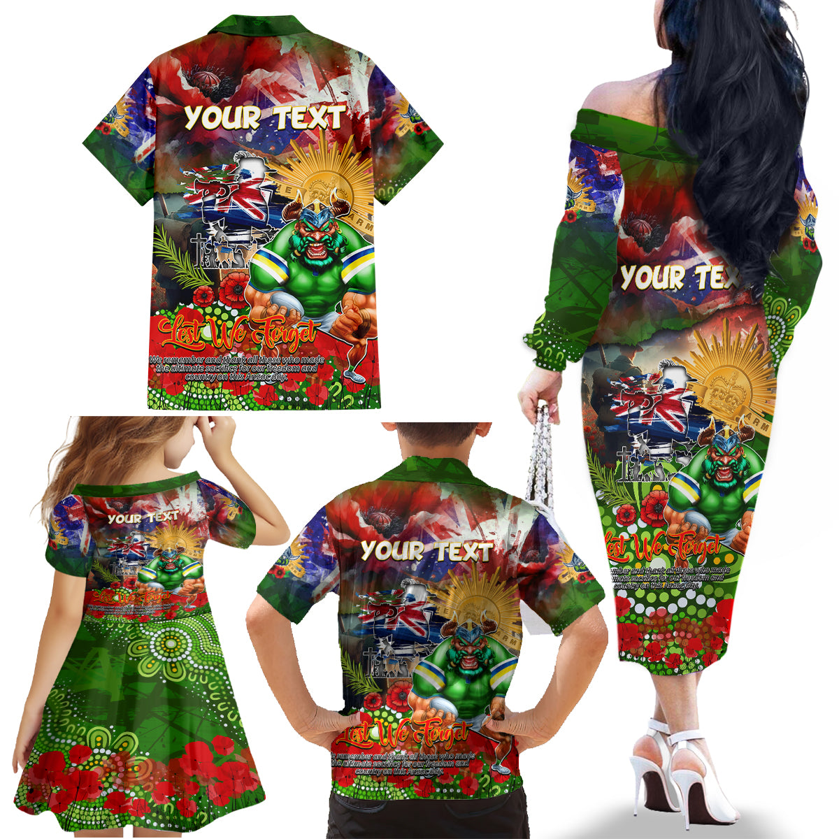 Personalised Australia Rugby Raiders ANZAC Family Matching Off The Shoulder Long Sleeve Dress and Hawaiian Shirt Canberra Scratch Style DT02