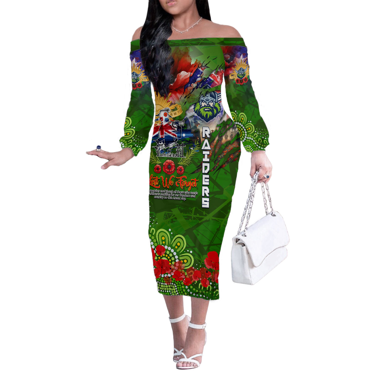 Personalised Australia Rugby Raiders ANZAC Family Matching Off The Shoulder Long Sleeve Dress and Hawaiian Shirt Canberra Scratch Style DT02