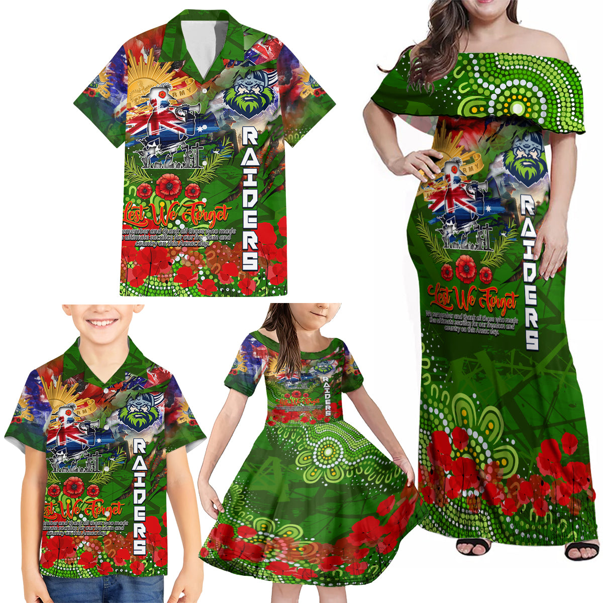 Personalised Australia Rugby Raiders ANZAC Family Matching Off Shoulder Maxi Dress and Hawaiian Shirt Canberra Scratch Style DT02
