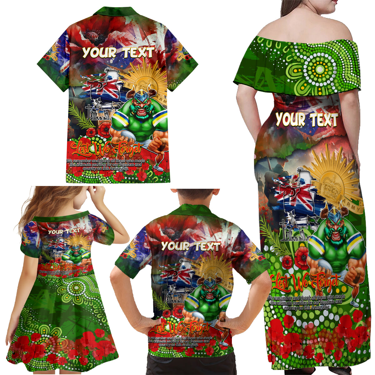 Personalised Australia Rugby Raiders ANZAC Family Matching Off Shoulder Maxi Dress and Hawaiian Shirt Canberra Scratch Style DT02