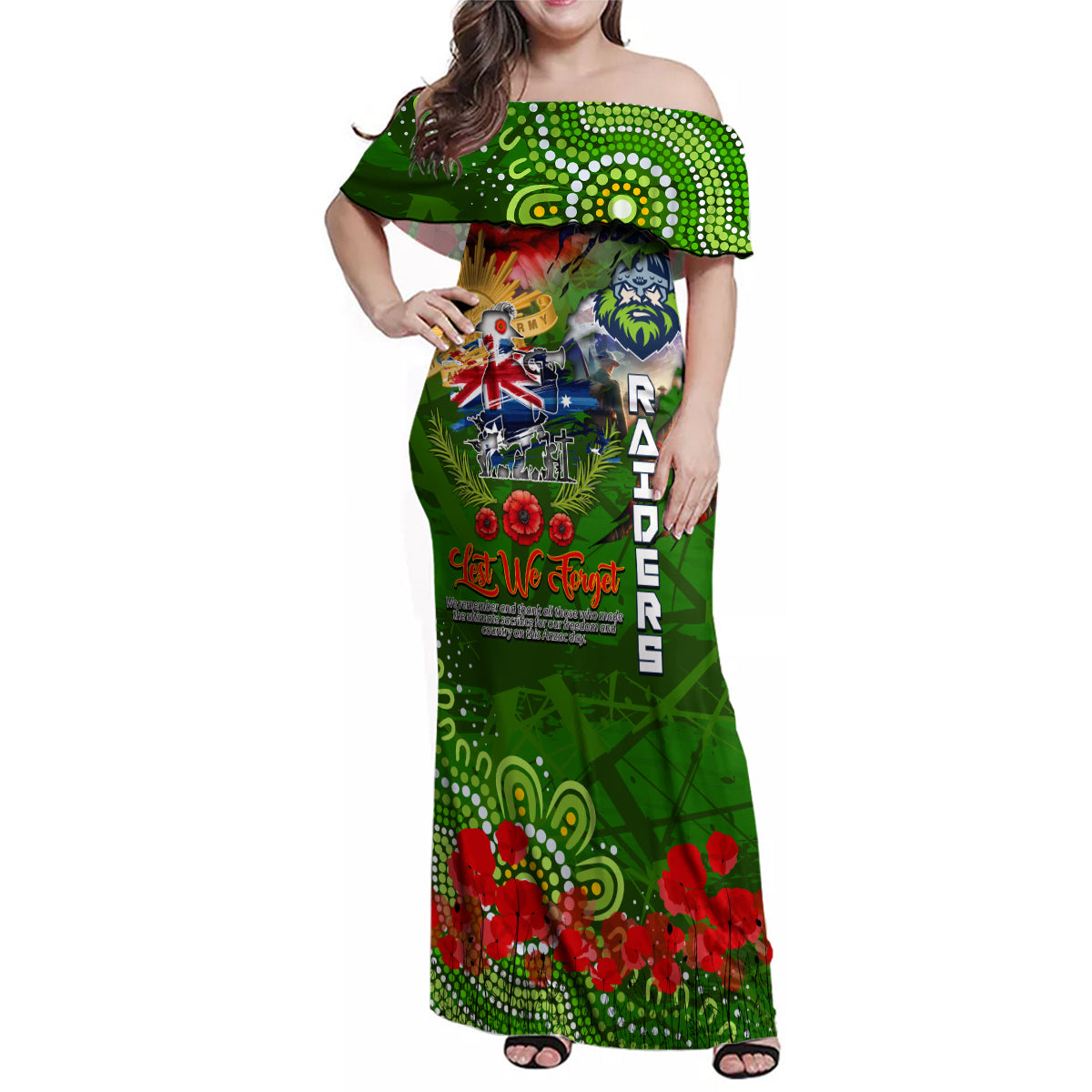 Personalised Australia Rugby Raiders ANZAC Family Matching Off Shoulder Maxi Dress and Hawaiian Shirt Canberra Scratch Style DT02