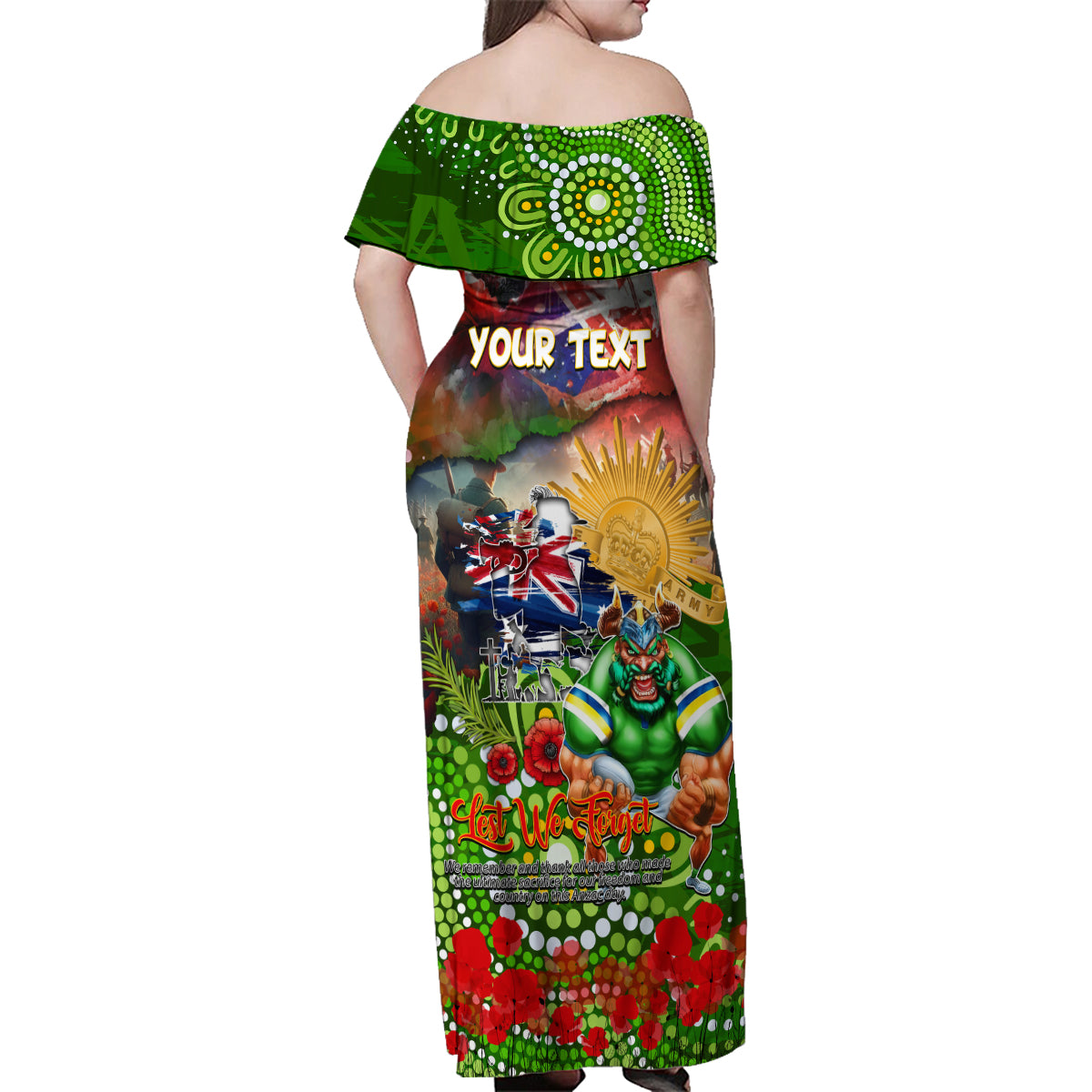 Personalised Australia Rugby Raiders ANZAC Family Matching Off Shoulder Maxi Dress and Hawaiian Shirt Canberra Scratch Style DT02