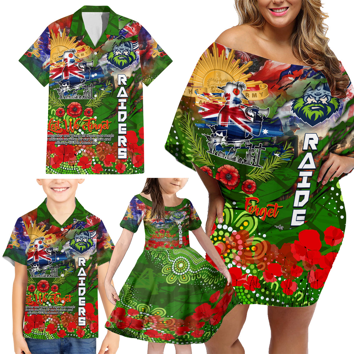 Personalised Australia Rugby Raiders ANZAC Family Matching Off Shoulder Short Dress and Hawaiian Shirt Canberra Scratch Style DT02