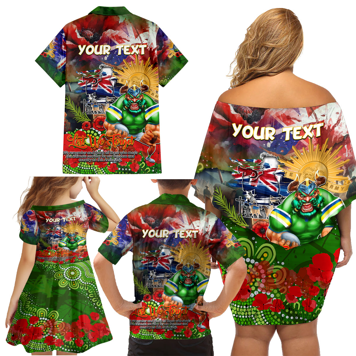 Personalised Australia Rugby Raiders ANZAC Family Matching Off Shoulder Short Dress and Hawaiian Shirt Canberra Scratch Style DT02