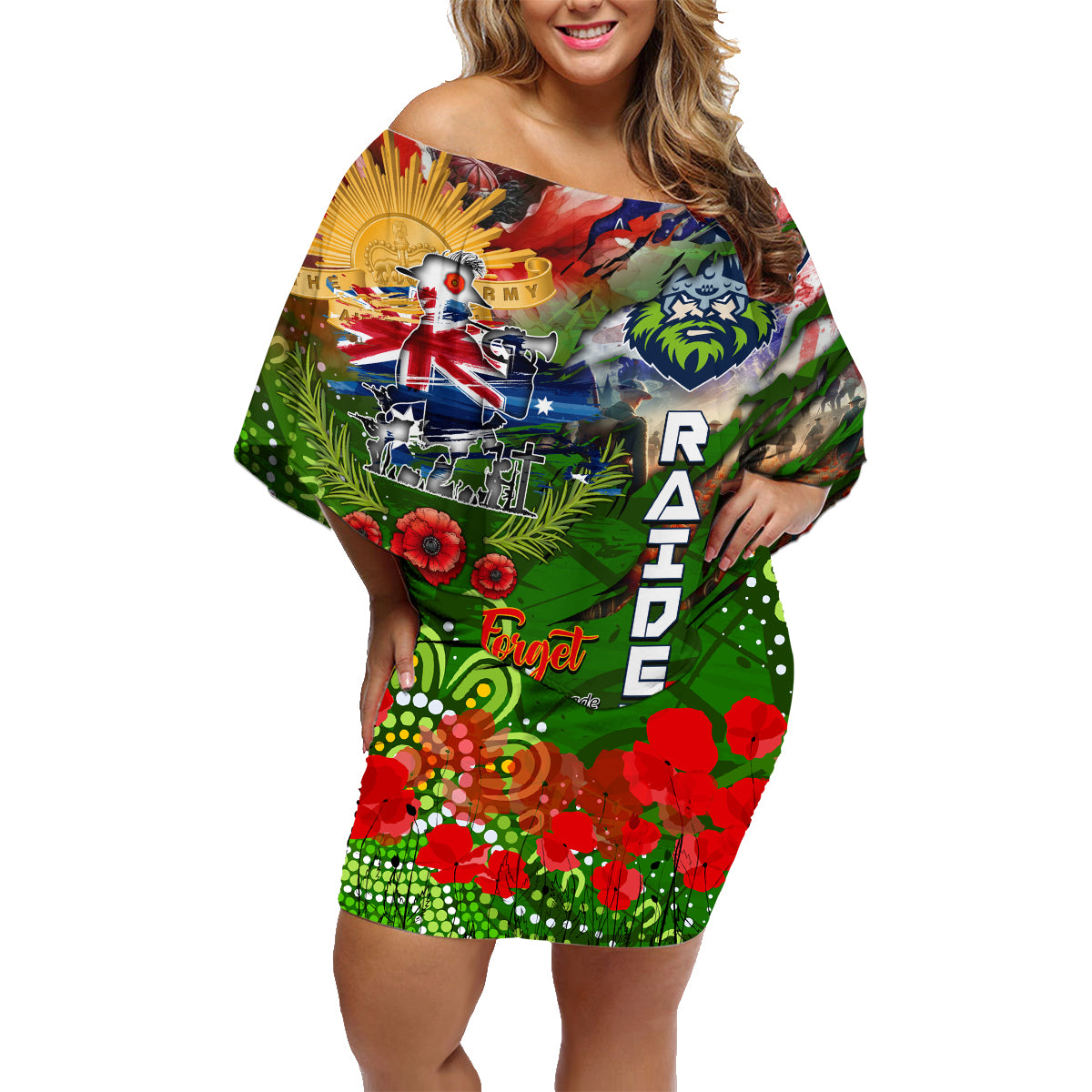 Personalised Australia Rugby Raiders ANZAC Family Matching Off Shoulder Short Dress and Hawaiian Shirt Canberra Scratch Style DT02