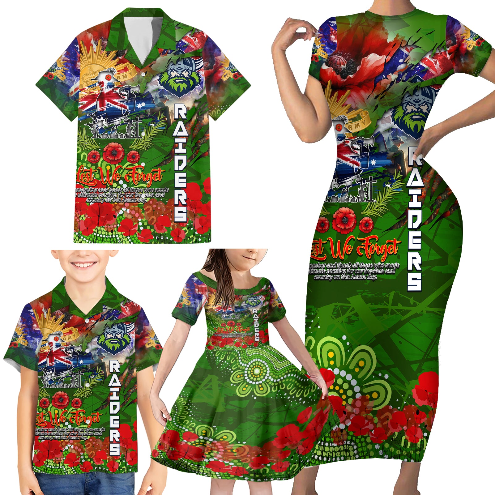 Personalised Australia Rugby Raiders ANZAC Family Matching Short Sleeve Bodycon Dress and Hawaiian Shirt Canberra Scratch Style DT02
