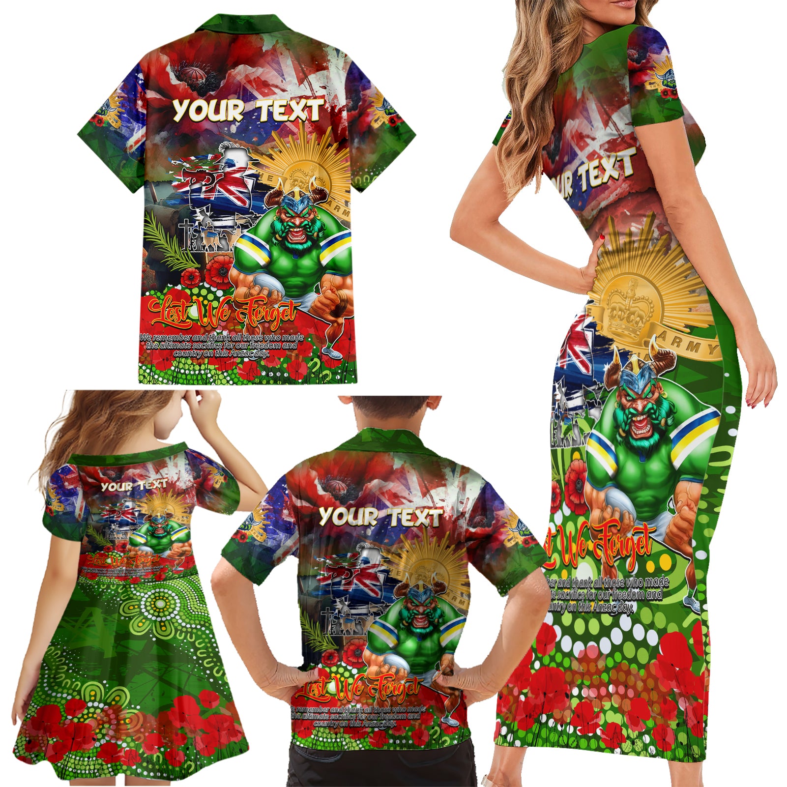 Personalised Australia Rugby Raiders ANZAC Family Matching Short Sleeve Bodycon Dress and Hawaiian Shirt Canberra Scratch Style DT02