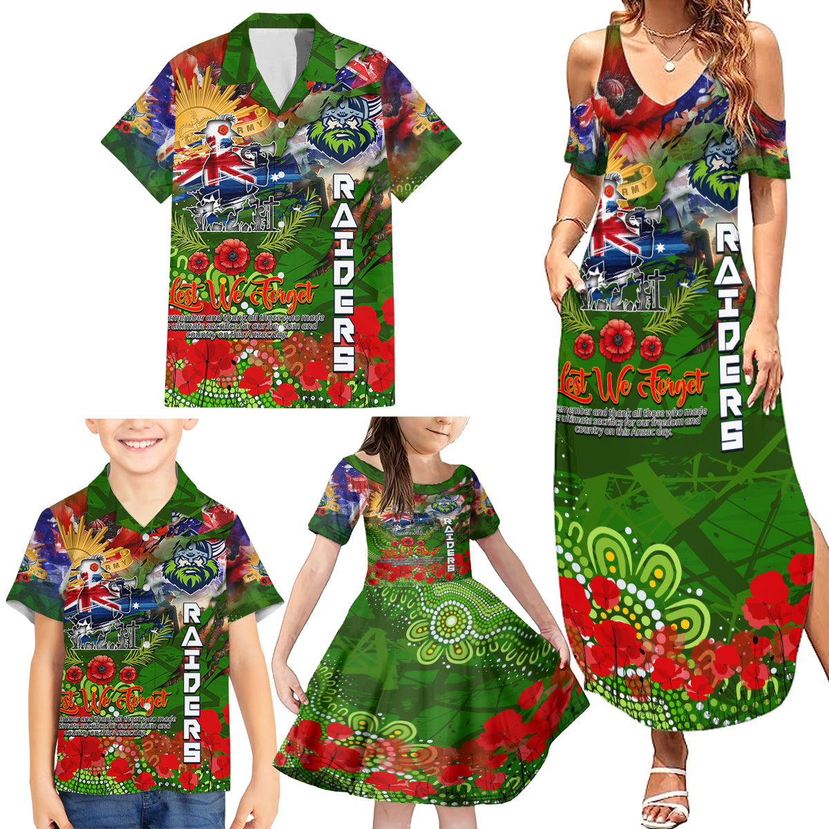 Personalised Australia Rugby Raiders ANZAC Family Matching Summer Maxi Dress and Hawaiian Shirt Canberra Scratch Style DT02