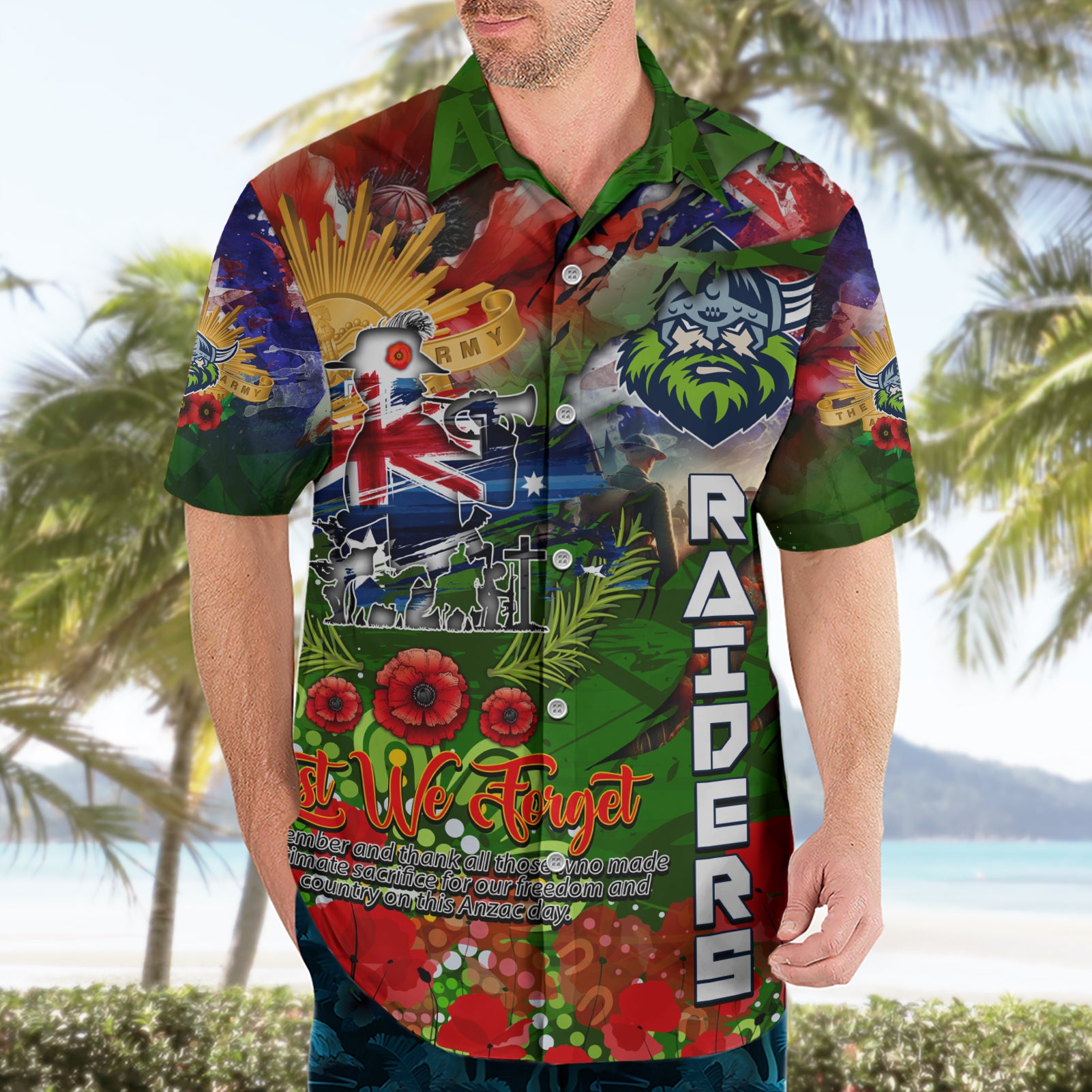 Personalised Australia Rugby Raiders ANZAC Hawaiian Shirt Canberra Scratch Style - Vibe Hoodie Shop