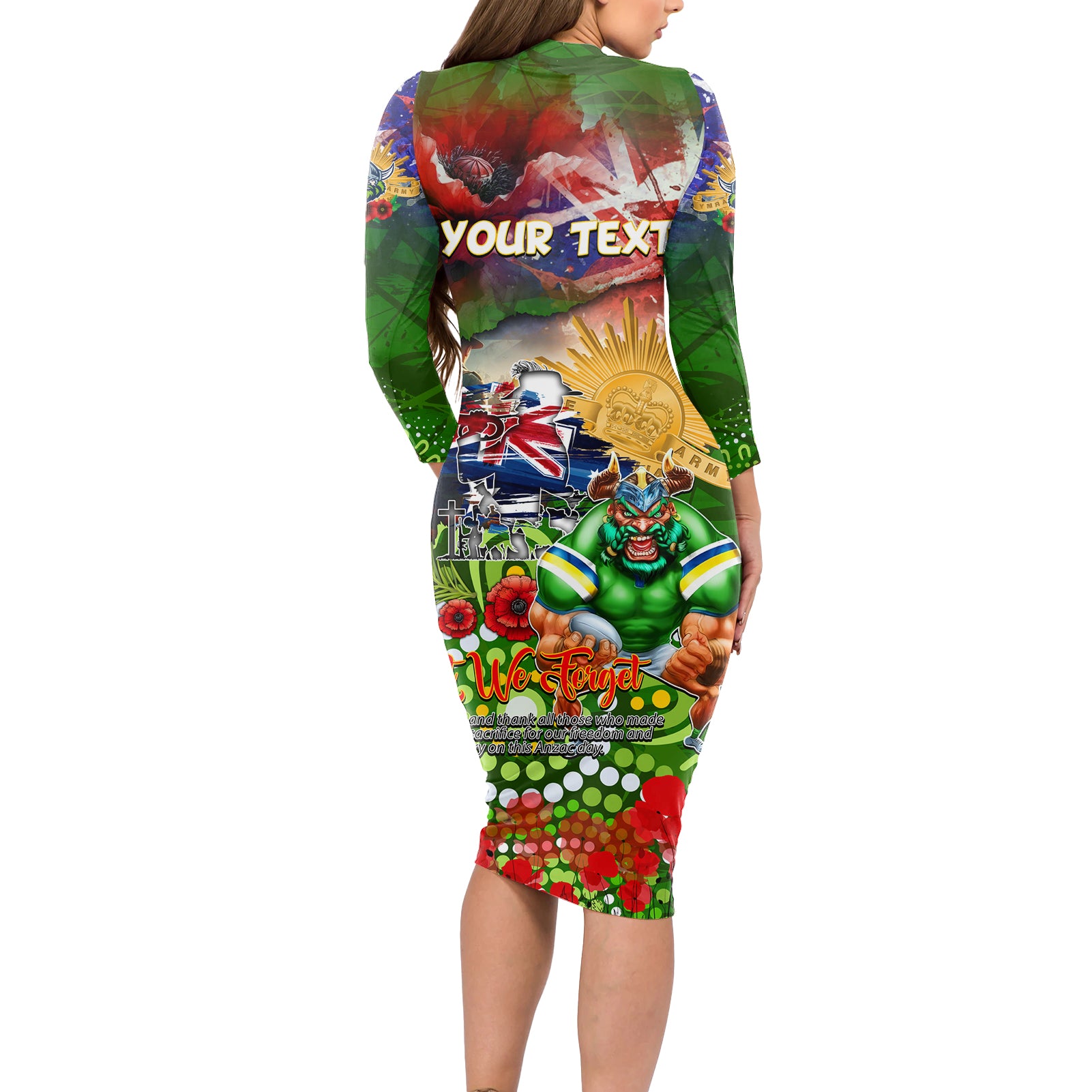 Personalised Australia Rugby Raiders ANZAC Long Sleeve Bodycon Dress Canberra Scratch Style DT02