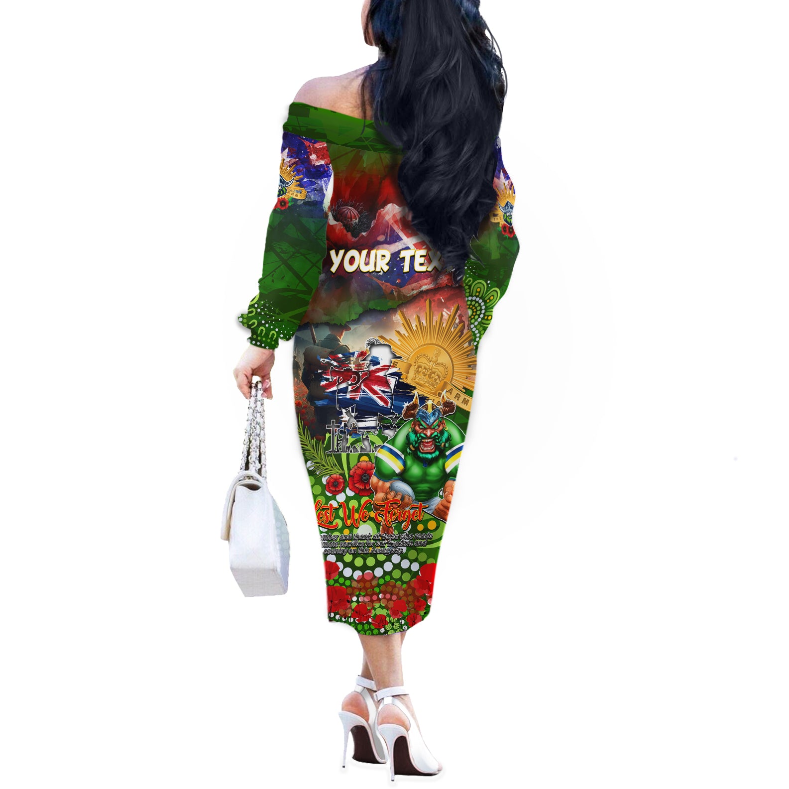 Personalised Australia Rugby Raiders ANZAC Off The Shoulder Long Sleeve Dress Canberra Scratch Style DT02