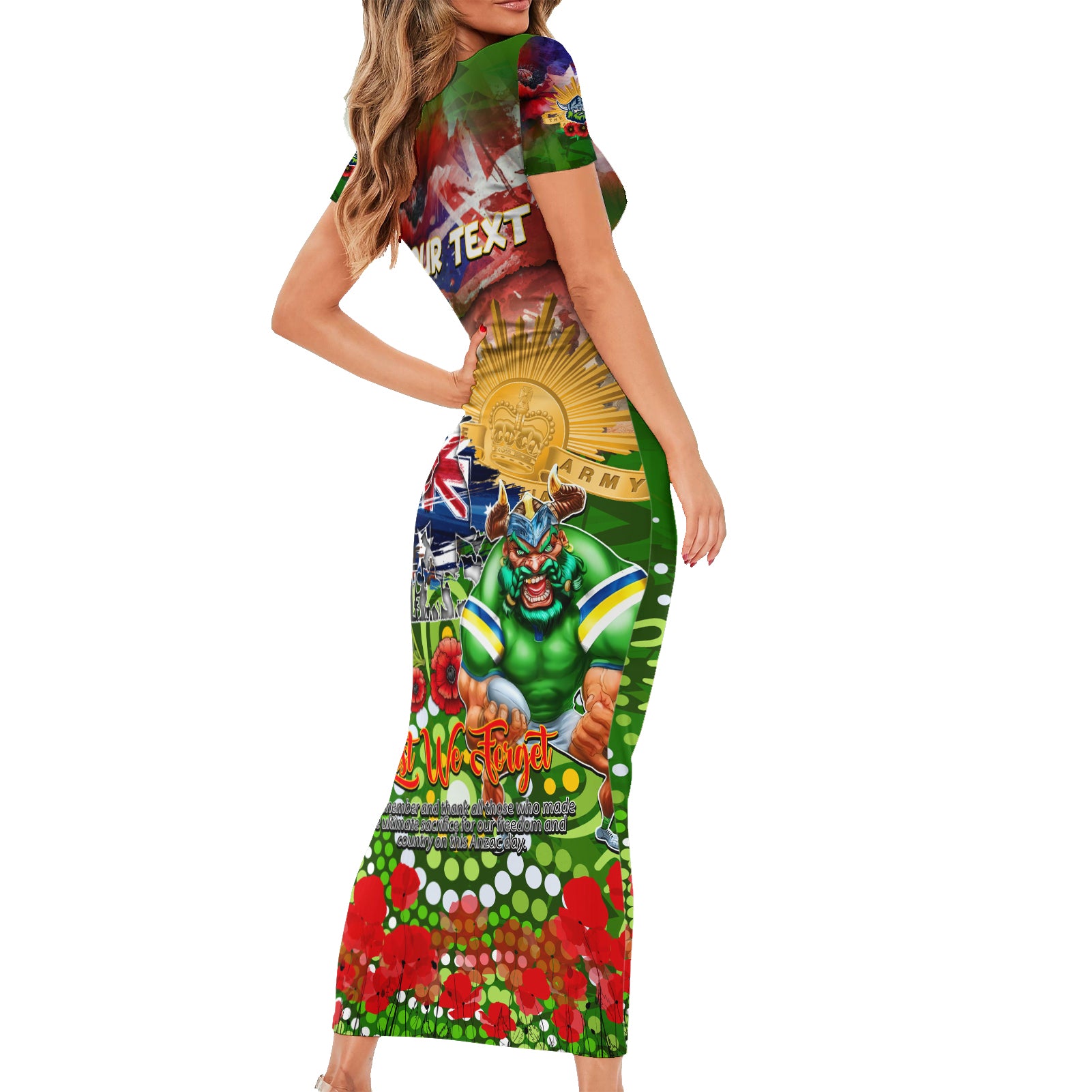 Personalised Australia Rugby Raiders ANZAC Short Sleeve Bodycon Dress Canberra Scratch Style DT02